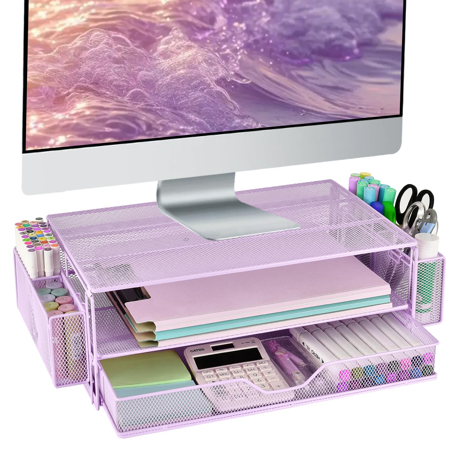 Aupsen 2 Tier Computer Monitor Stands With Drawers And 2 Pen Holder, Desk Accessories & Workspace Desk Organizers, Desktop Organ