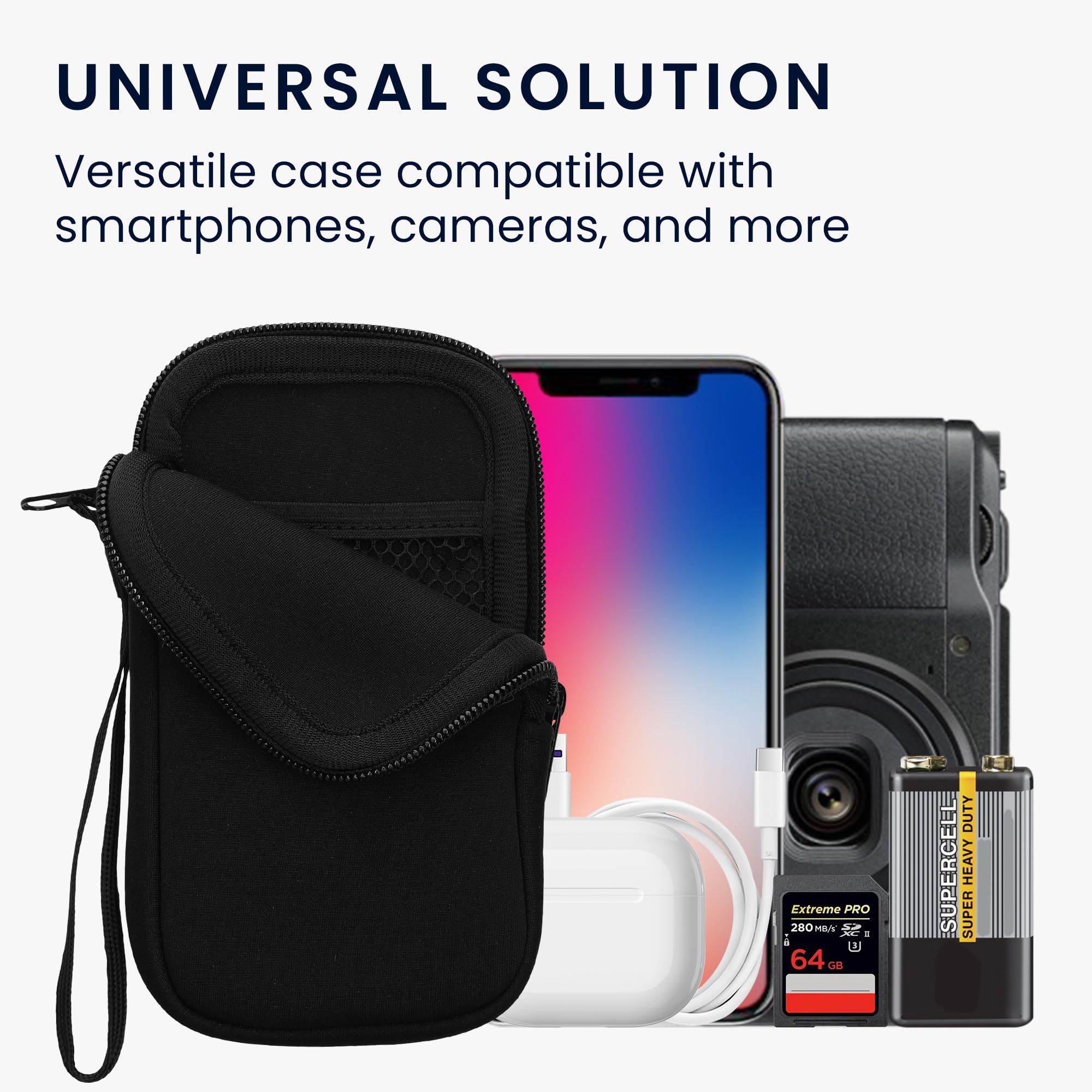 kwmobile Neoprene Phone Pouch L - 6.5 Universal Cell Sleeve Bag with Zipper & Wrist Strap - Black