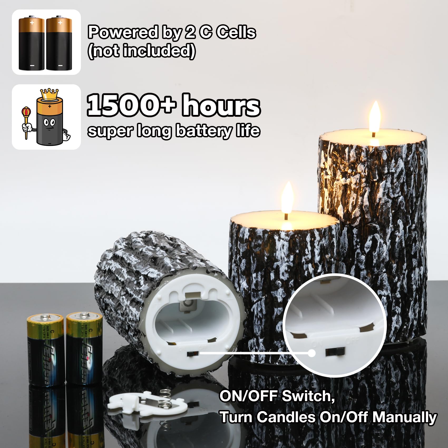 Eywamage Black Pine Bark Flameless Led Candles With Remote, Farmhouse Flickering Wood Pillar Candles Set Of 3