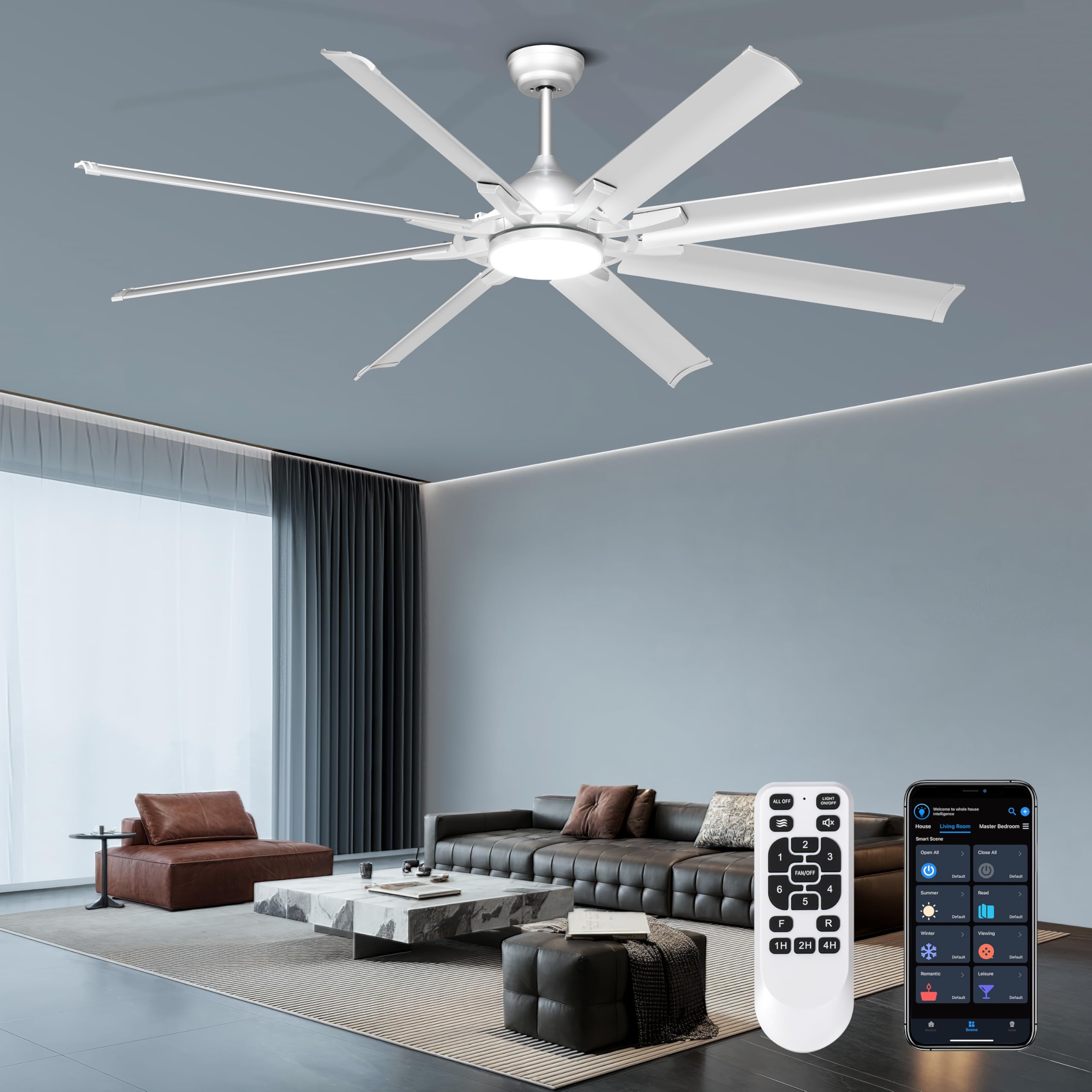 Ohniyou 72 Inch Industrial Ceiling Fan with Lights Remote Control, Large Ceiling Fan with 8 Aluminum Blades, 3 CCT, 6-Speed Quie