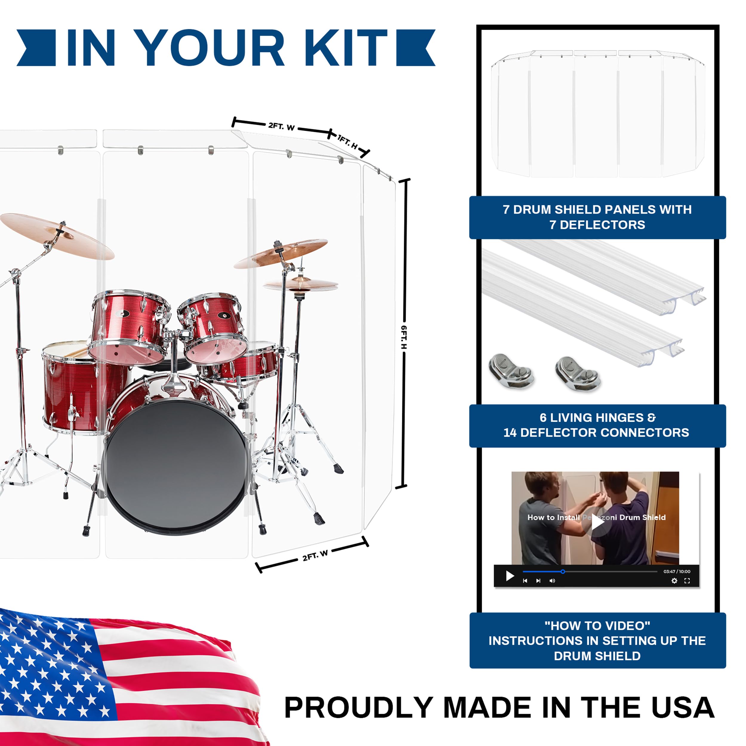 Pennzoni Drum Shield 6Ft W/Deflectors & Plastic Hinges, Comes W/ 7 Drum Panels, Plastic Hinges & Deflector Connectors, Premium C