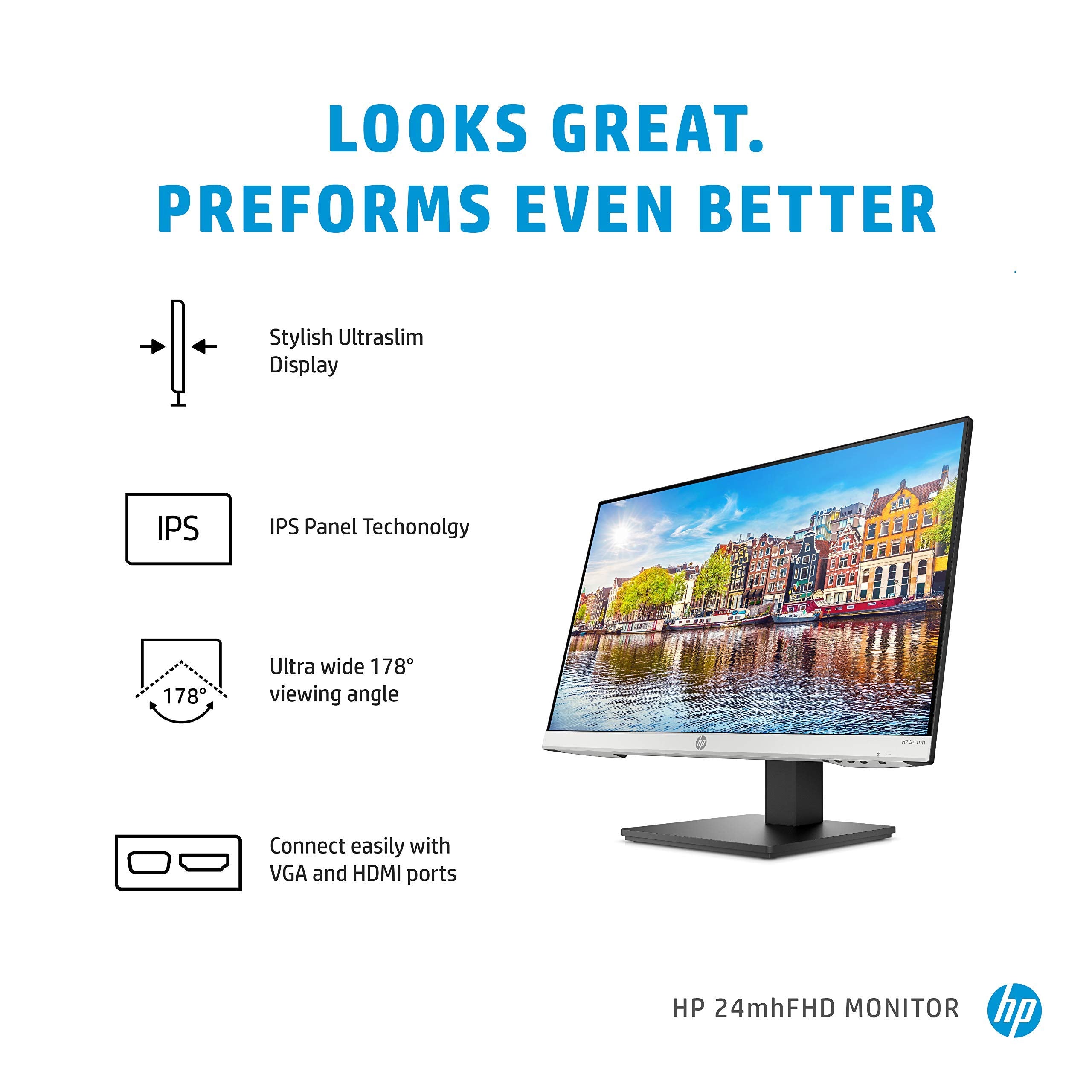 Hp 24Mh Fhd Computer Monitor With 23.8 Inch Ips Display (1080P)   Built In Speakers And Vesa Mounting   Height/Tilt Adjustment F