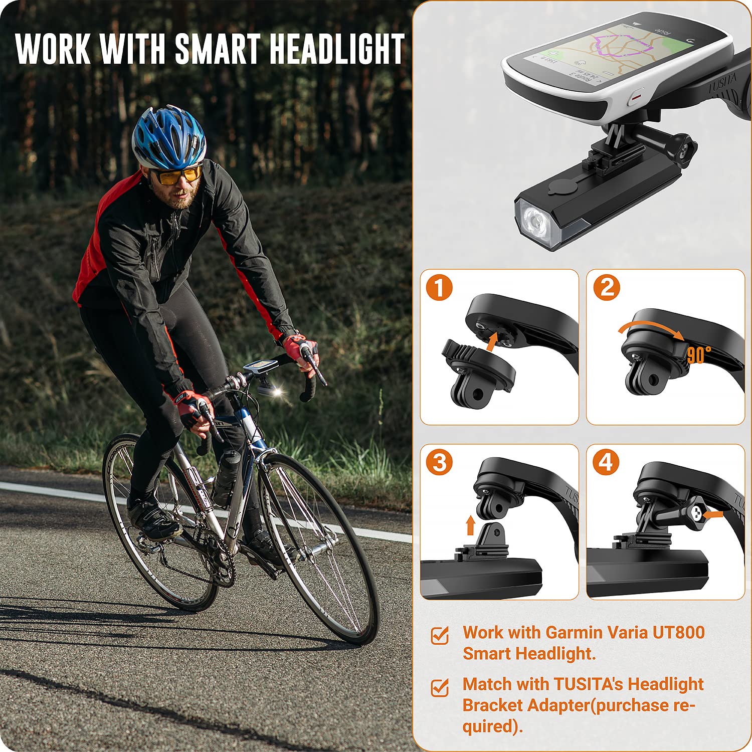 Tusita Flush Out Front Mount Compatible With Garmin Edge Gps Bike Computer, Xoss G/G+, Quarter Turn To Friction Flange Mount Ada