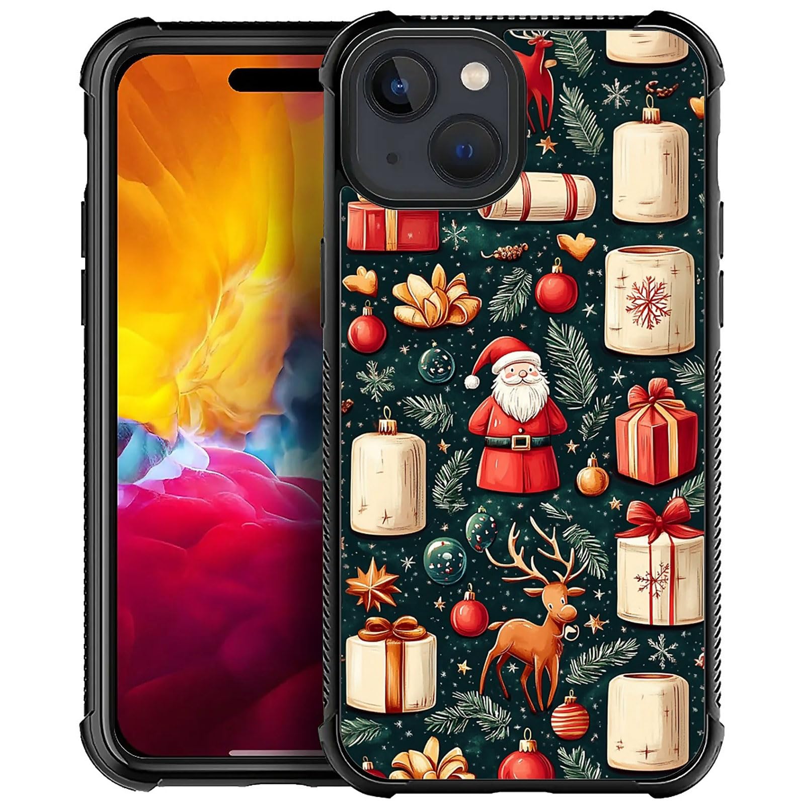 XUANWENPA for iPhone 14 Plus Case,The Black Shell Design is Bright,Anti Drop and Dust-Proof,Christmas Abstract Gift Box and Old 