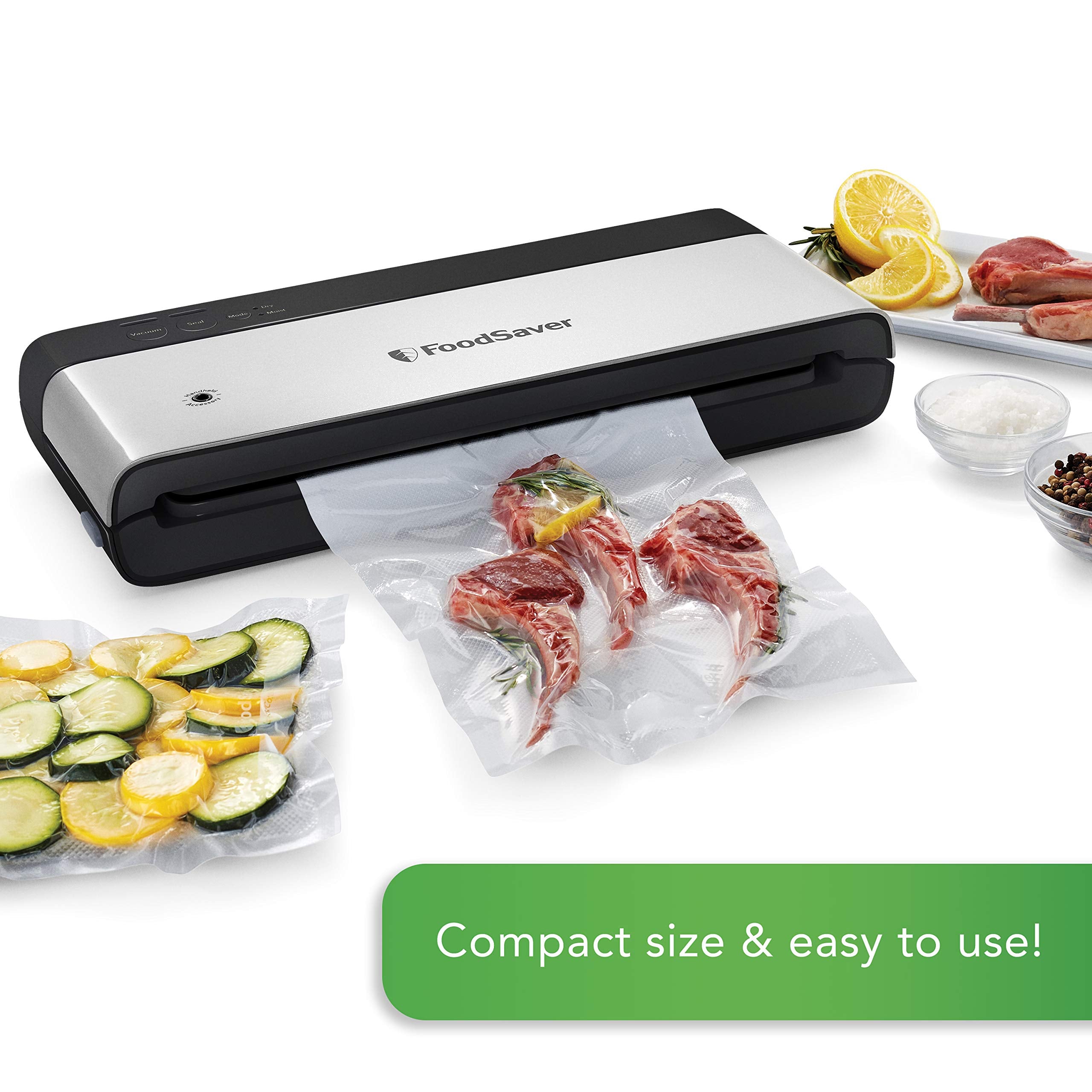 Foodsaver Powervac Compact Vacuum Sealing Machine, Stainless Steel & Black, Vertical Storage, Vs0150 | Preserves Freshness, Reduces Bag Waste, For Both Dry And Wet Food
