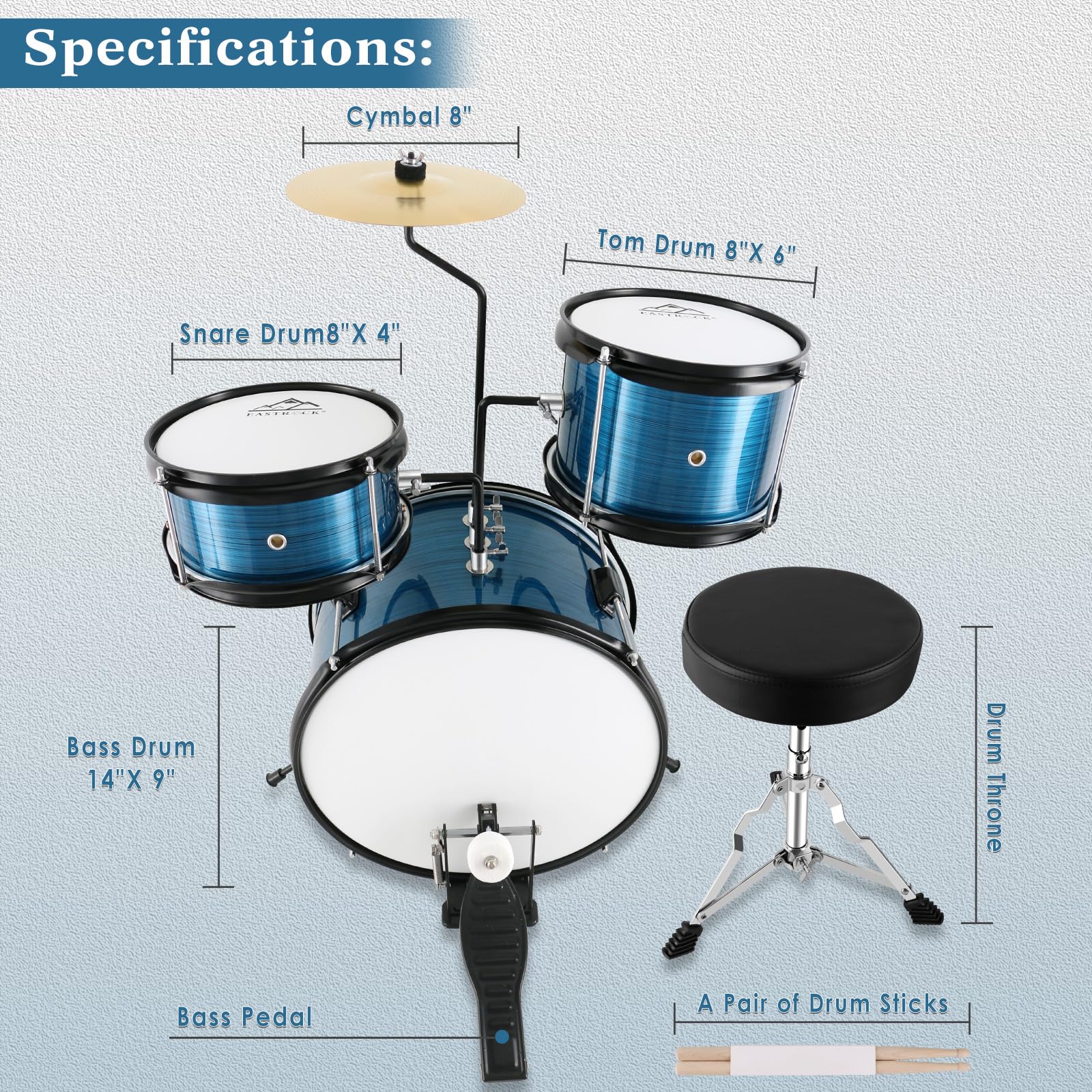 Eastrock Drum Set, 3 Piece 14'' Drum Sets For Drummer,Beginner, Drum Set With Adjustable Throne,Cymbal,Pedal,Drumsticks(Blue)
