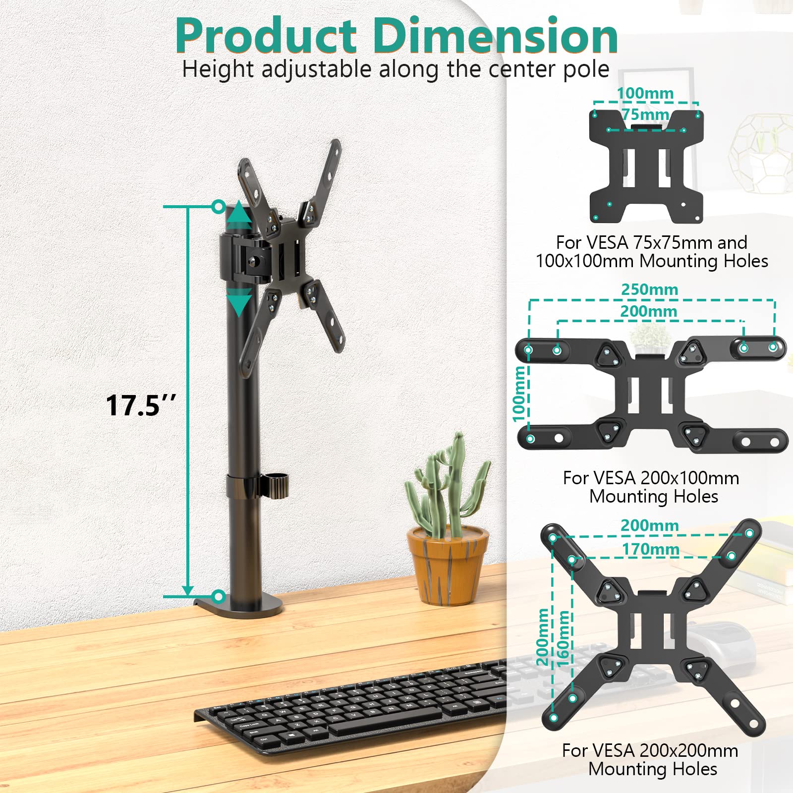 WALI Single Monitor Mount for 1 Computer Screen up to 42 inch, Fully Adjustable Monitor Arm Holds up to 22 lbs, Mounting Holes up to 200x200mm (M001SXL), Black