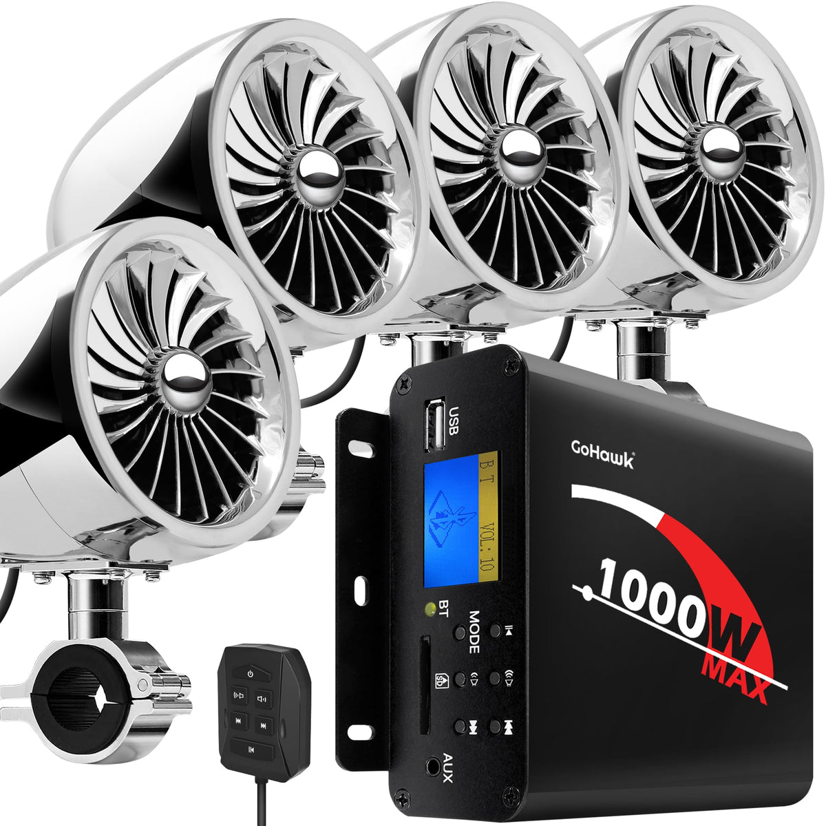 Gohawk Tj4 Q 1000W 4 Channel Amplifier 4' Full Range Waterproof Bluetooth Motorcycle Stereo Speakers Audio System Aux Usb Sd Radio For 1 1.5' Handlebar Harley Touring Cruiser Atv