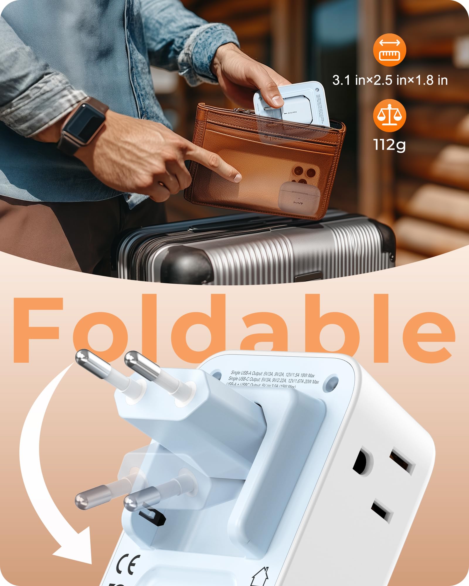Lencent European Travel Plug Adapter, Foldable Us To Europe Plug Adapter With 4 Outlets, 4 Usb (2 Usb C) Charger Adapter, Type C