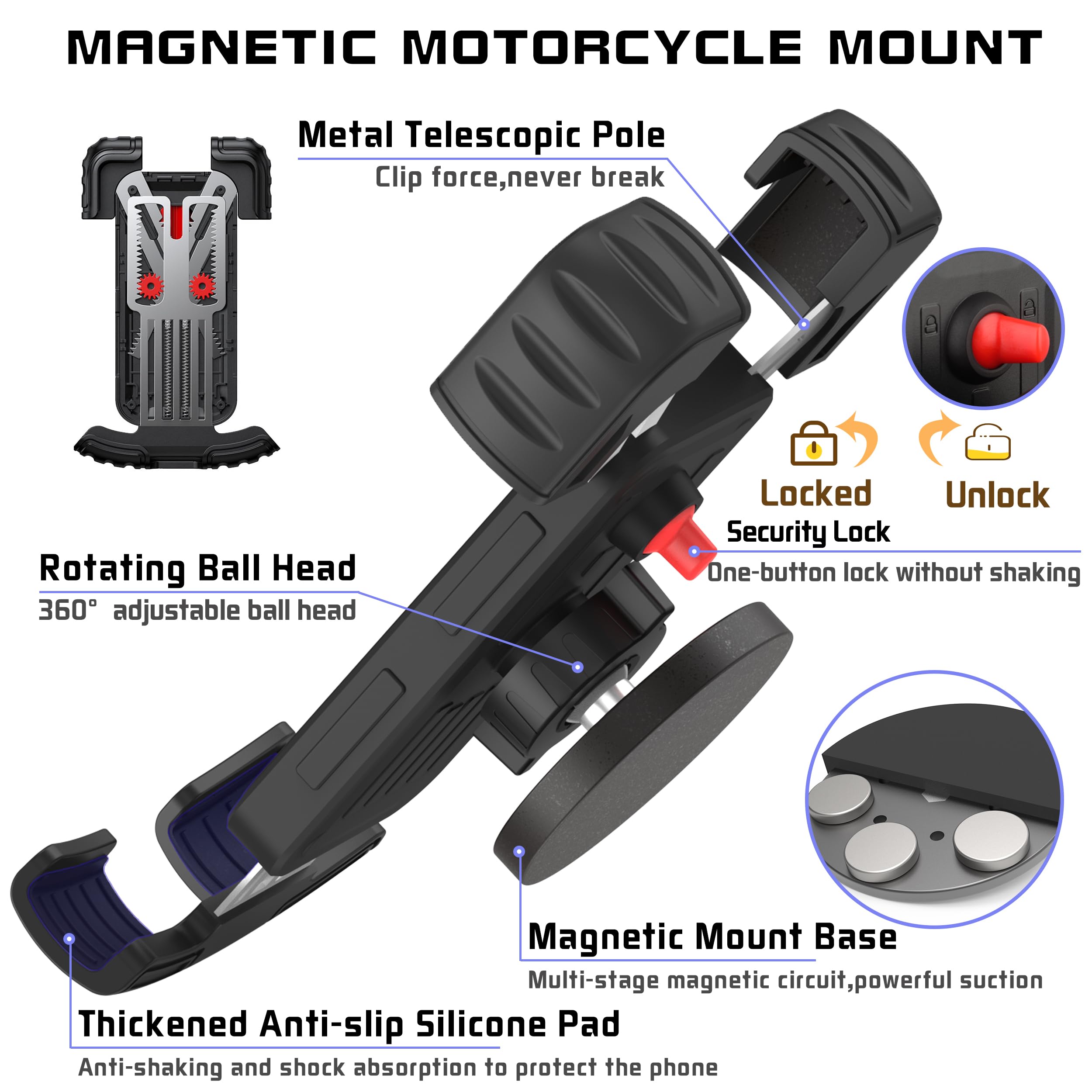 Ulibermagnet Motorcycle Magnetic Phone Mount,Heavy Duty Adjustable Magnetic Cell Phone Holder With Security Lock,Anti Shake 360