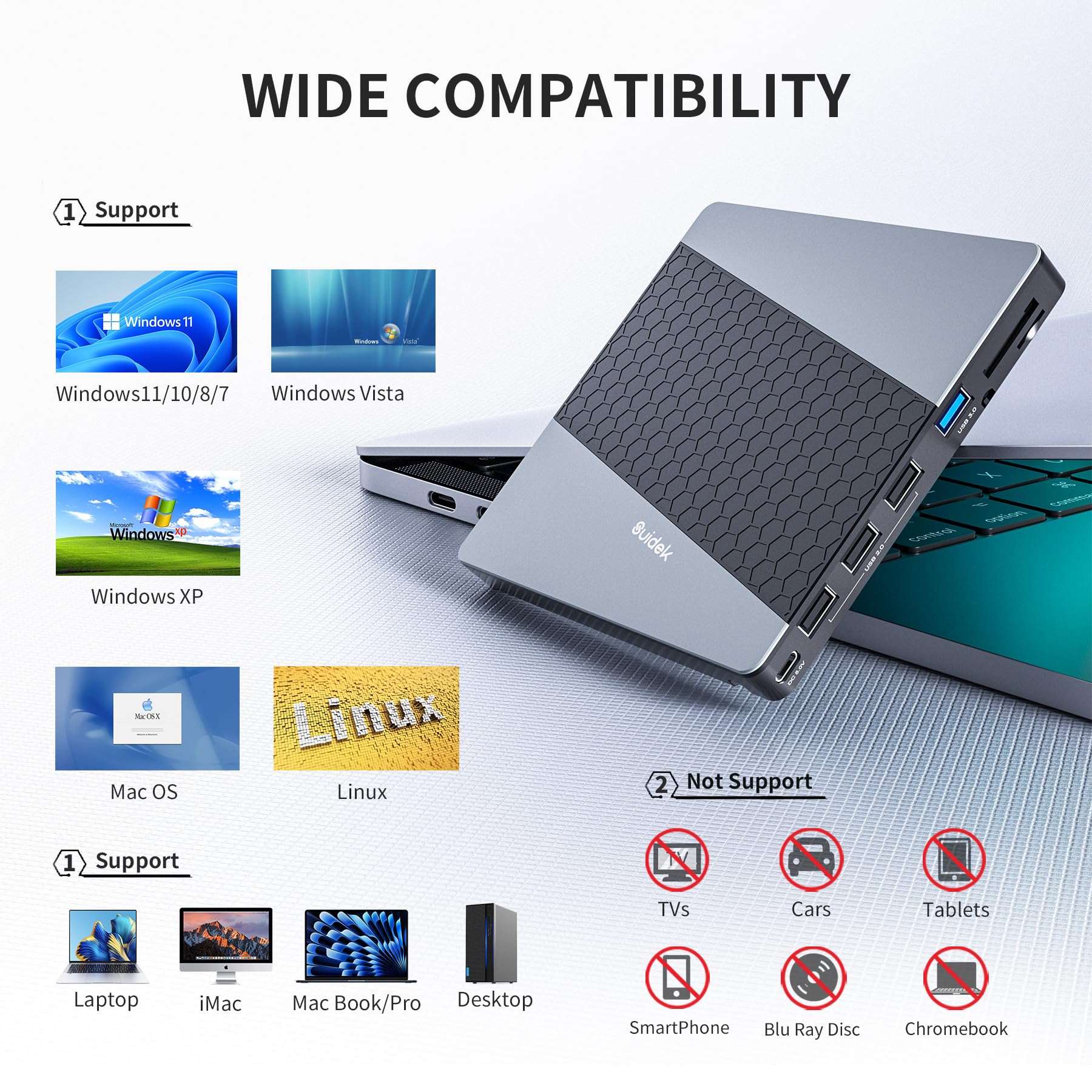 Suidek External Cd Dvd Drive, Usb 3.0 Usb C Portable Cd Dvd +/ Rw Burner Dvd Player For Laptop With Sd/Micro Sd Card Reader 8 In