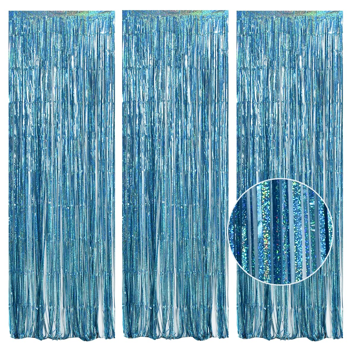 TONIFUL 3Pcs Laser Light Blue Door Streamers,Laser Blue Photo Booth Backdrop Metallic Streamers Blue Foil Fringe Curtains for Bi
