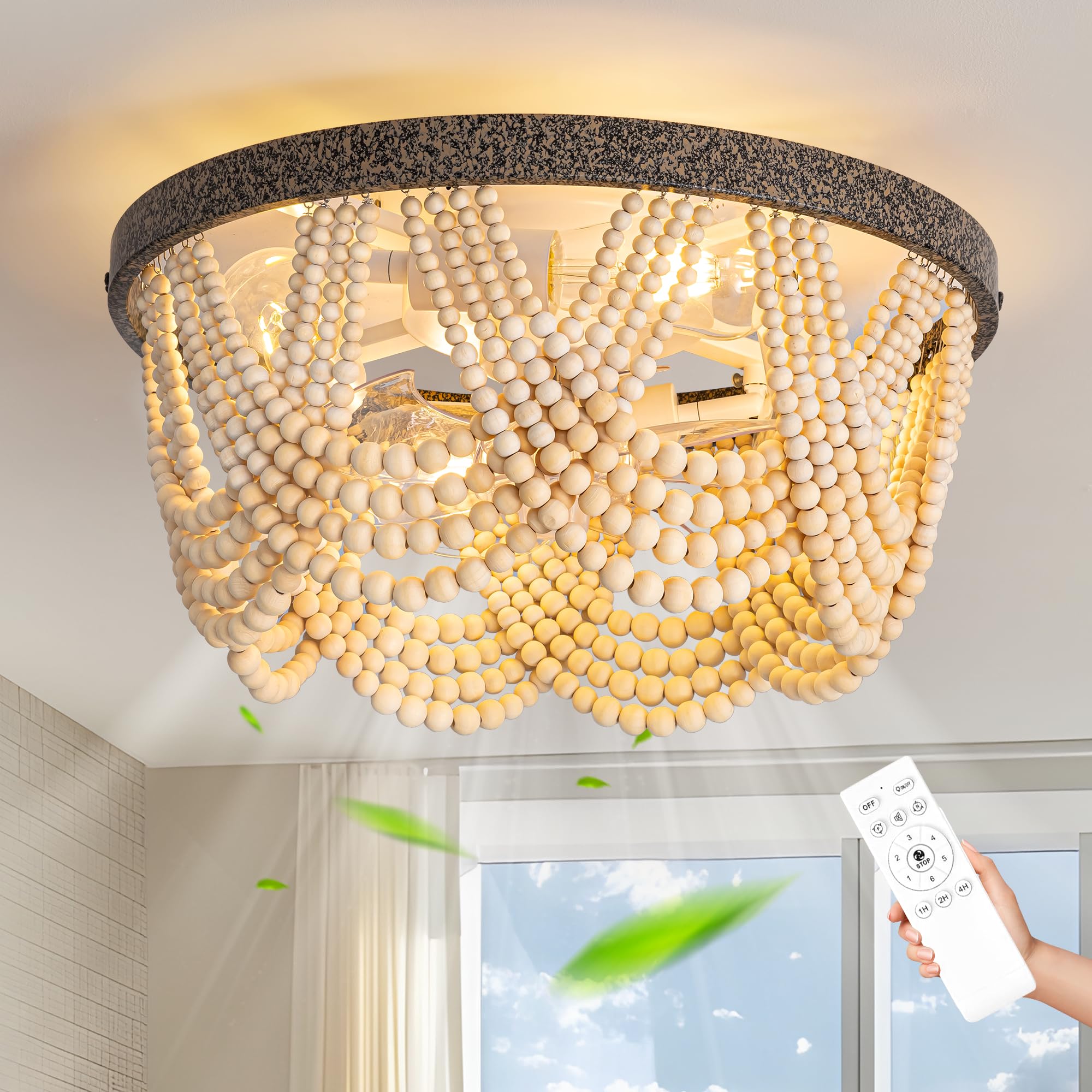 20 Boho Ceiling Fan with Light, Bohemian Caged Ceiling Fan with Lights and Remote Control, Wood Beaded Flush Mount with Reversib