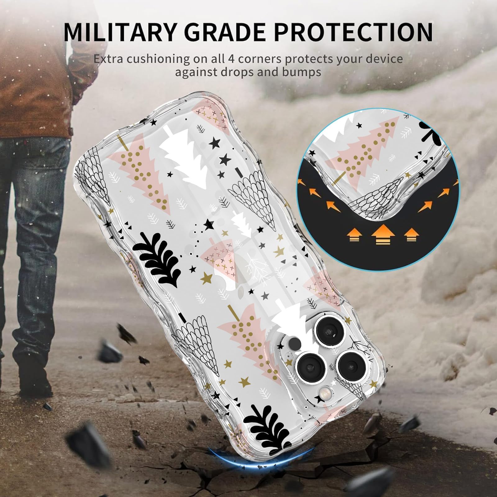 L Fadnut Christmas Phone Case For Iphone 14 Pro Cute Curly Wavy Merry Christmas Pattern Case Clear Santa Snowman Elk Cover For G