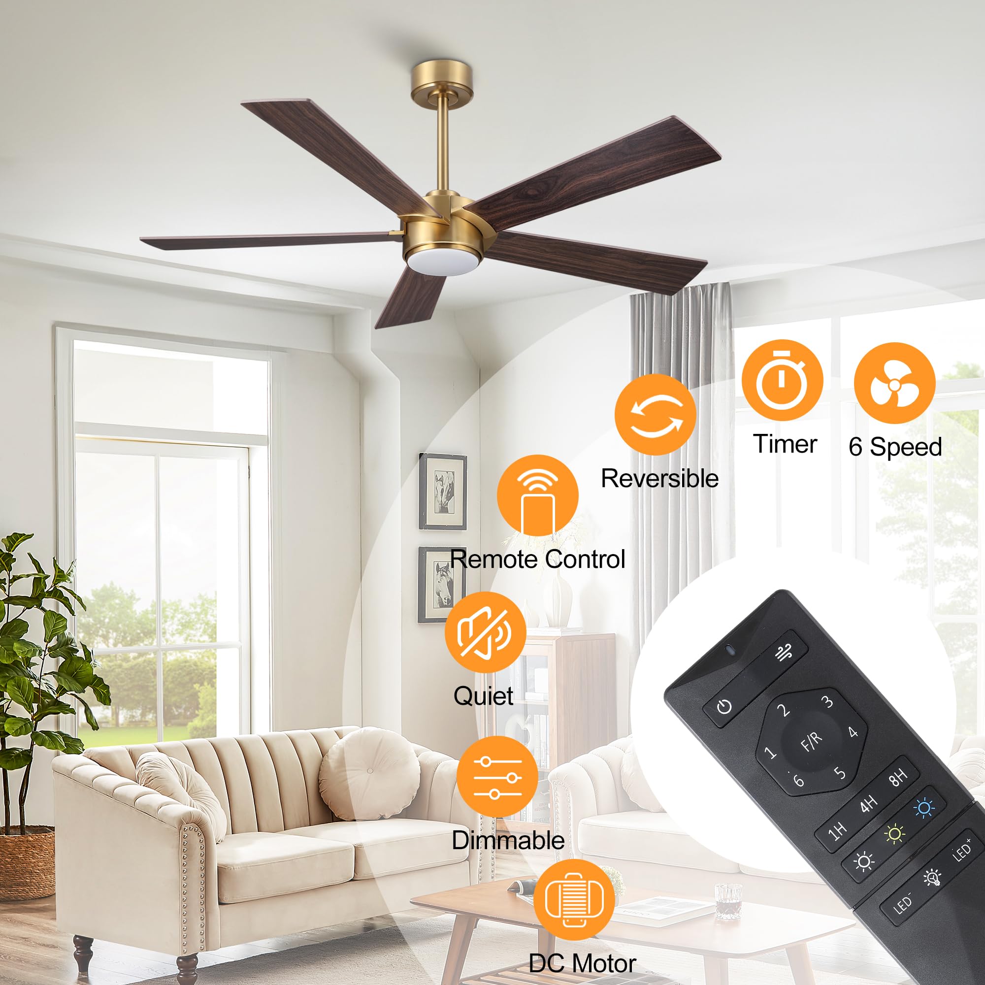 Elehinser 54'' Ceiling Fan With Light And Remote Control, Modern Dimmable Led Light, 6 Speed Noiseless Reversible Dc Motor, 5 Pl