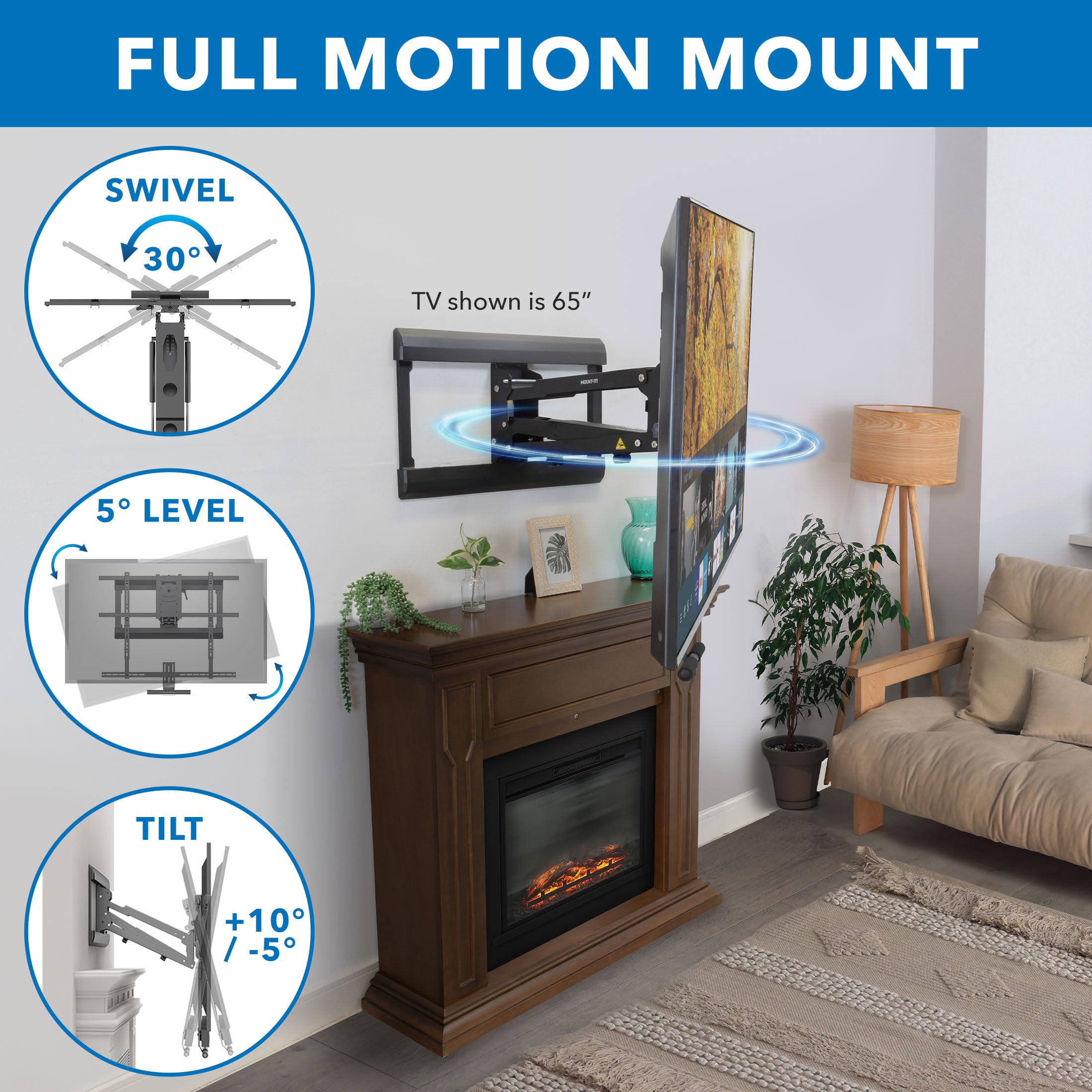 Mount It! Fireplace Mantel TV Wall Mount, Above Fireplace Drop Down TV Mount, Pull Down TV Mantle Mount with Spring Assist, TV Sizes 42 65 inches with VESA from 100x100 to 600x500, max 55 lbs Weight
