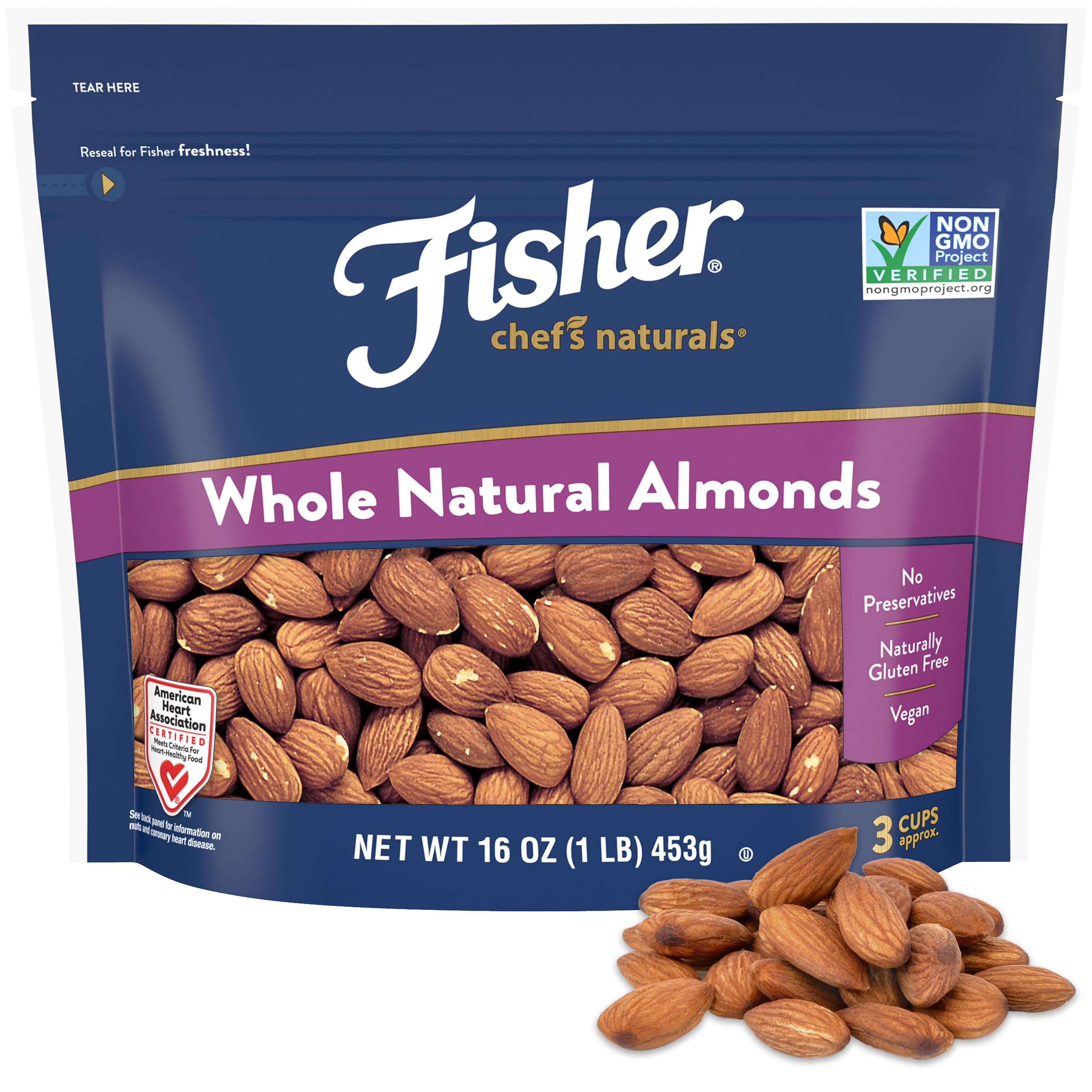 Fisher Chef'S Naturals Unsalted Whole Almonds 16Oz Resealable Bag, Raw Nuts Perfect For Cooking, Baking & Snacking, Vegan Protei