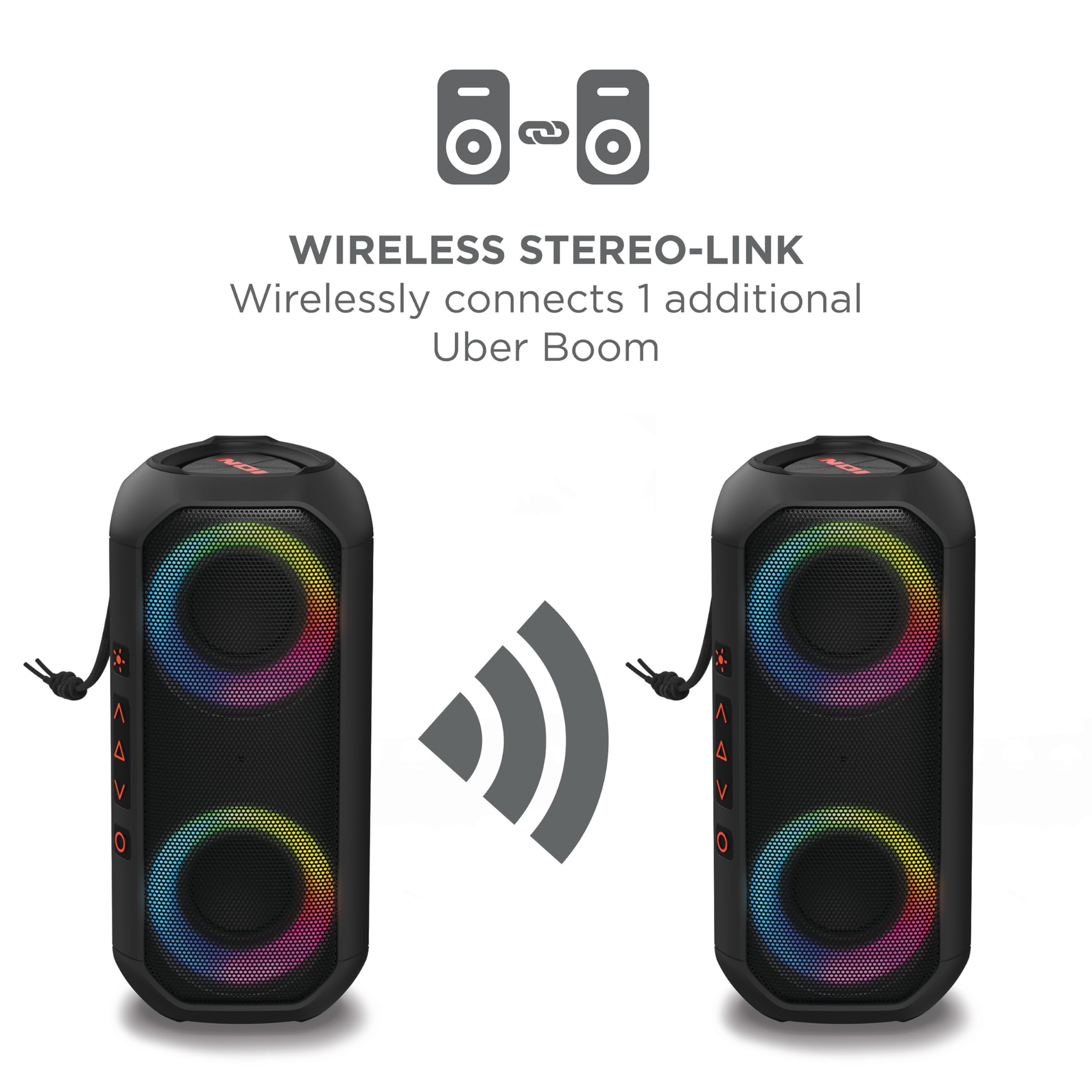 Ion Audio Uber Boom - Water Resistant Portable Bluetooth Speaker With Party Lights, Built-In Microphone And Stereo-Link