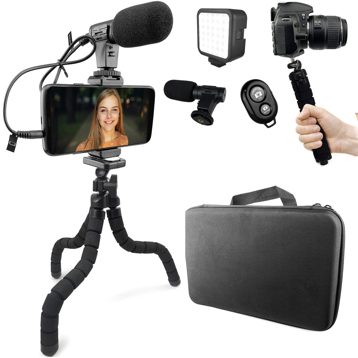 Acuvar Flexible Tripod Vlogging Kit For Iphone, Android & Gopro W/Led Light, Phone Holder, Microphone, Bluetooth Remote, Hard Ca