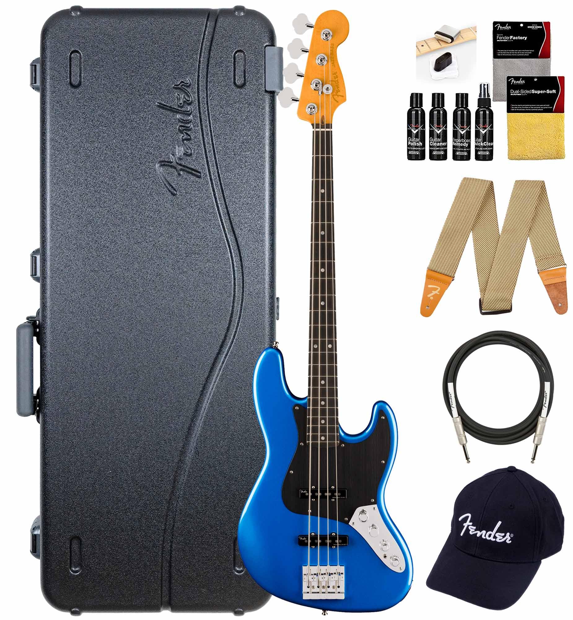 Fender American Ultra II Jazz Bass - Noble Blue Bundle with Case, Strap, Cable, Hat, and Guitar Cleaning Kit