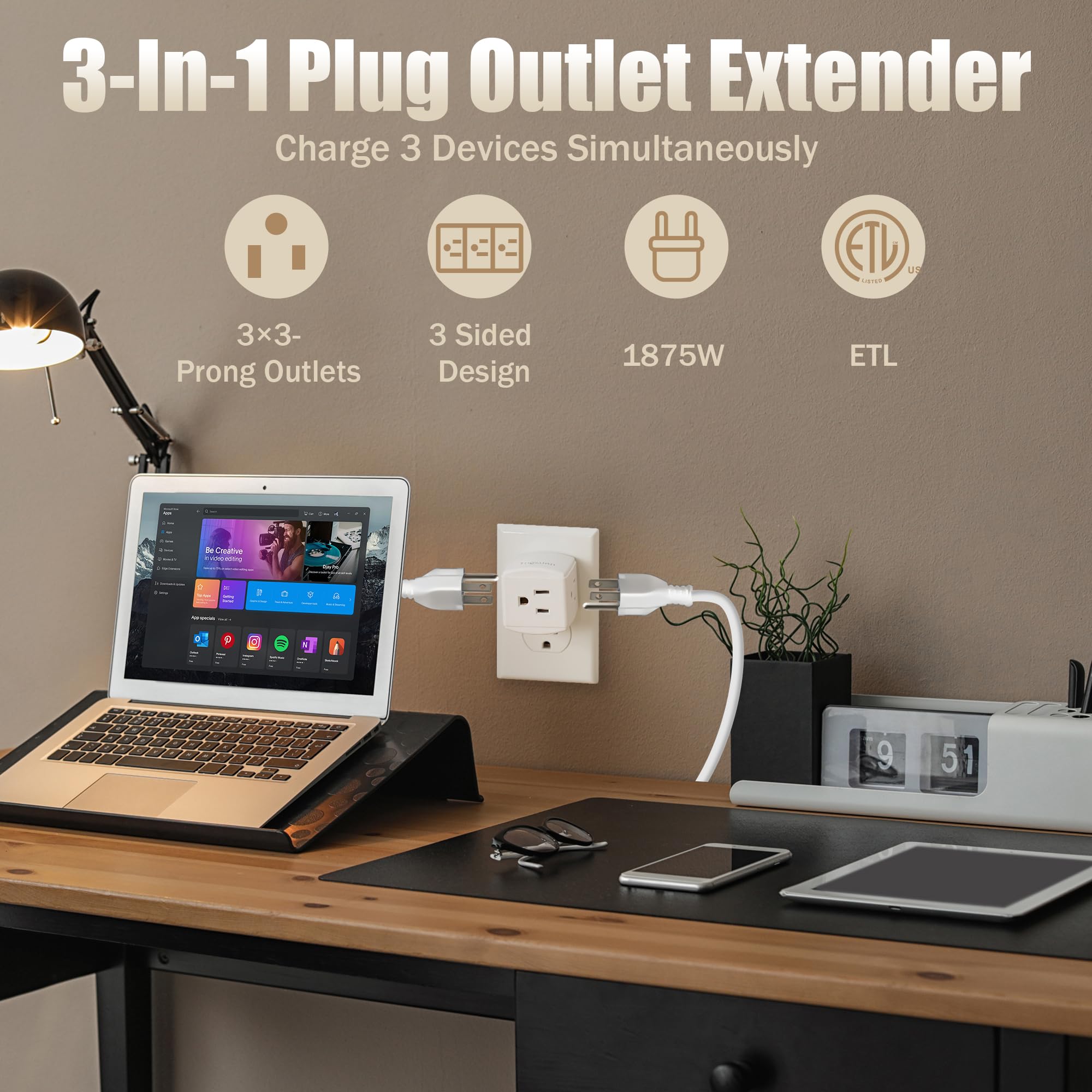 3 Outlet Extender Wall Tap Cube 2 Pack, 3 Prong Grounded Wall Tap, Easy Access Design, Adapter Spaced Outlets, Multiple Plug, Po