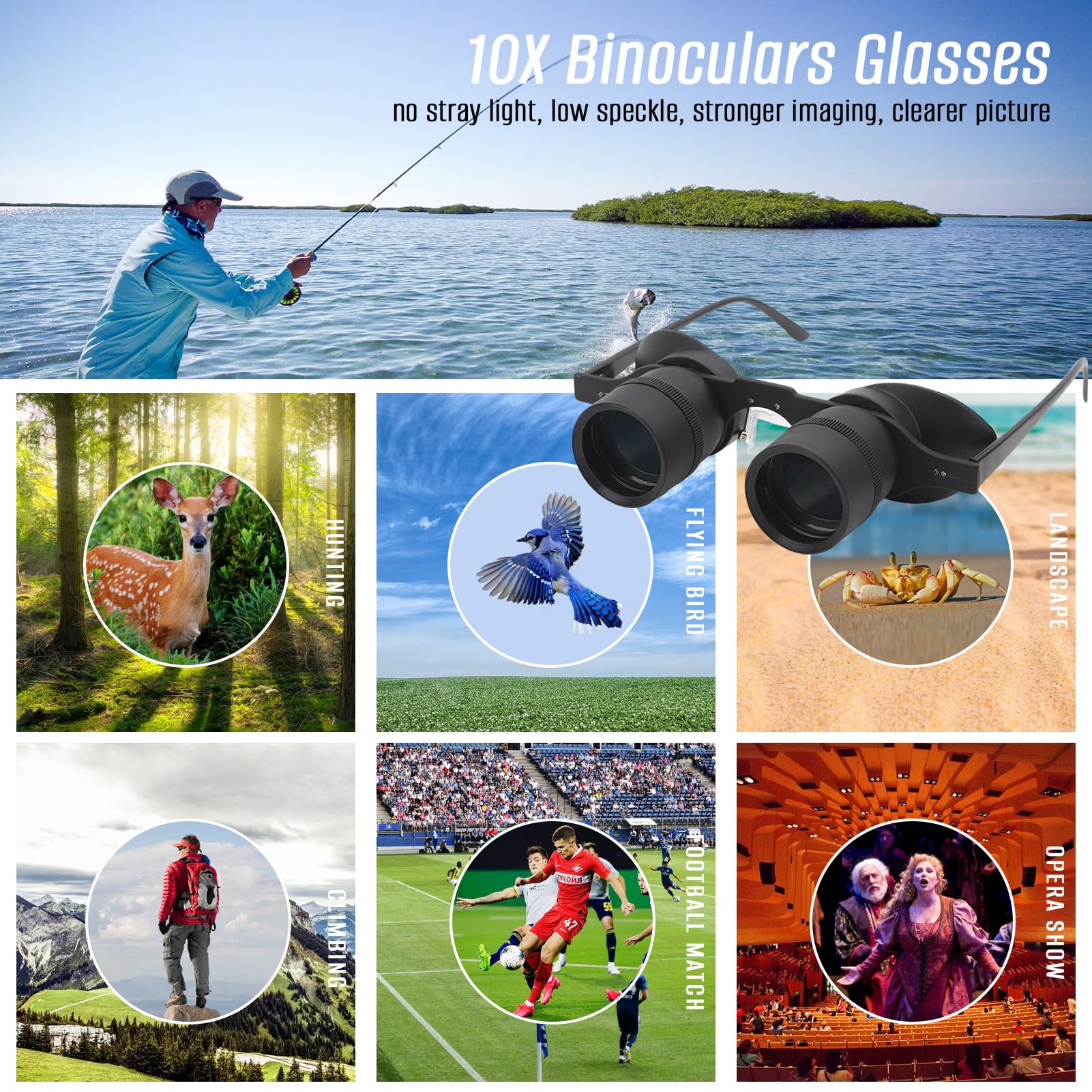 Hands Binocular Glasses For Fishing, Bird Watching, Sports, Concerts, Theater, Opera, Tv, Sight Seeing, Hd Lens With 3 Color Fil