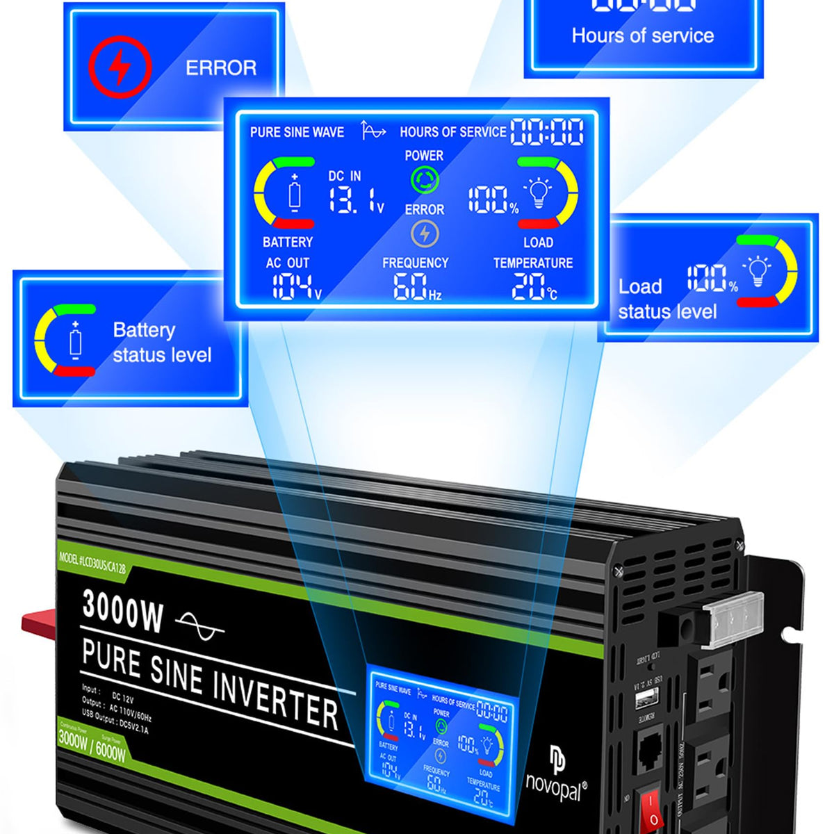 NOVOPAL 3000 Watt Pure Sine Wave Power Inverter DC 12V to AC 110V 120V ...