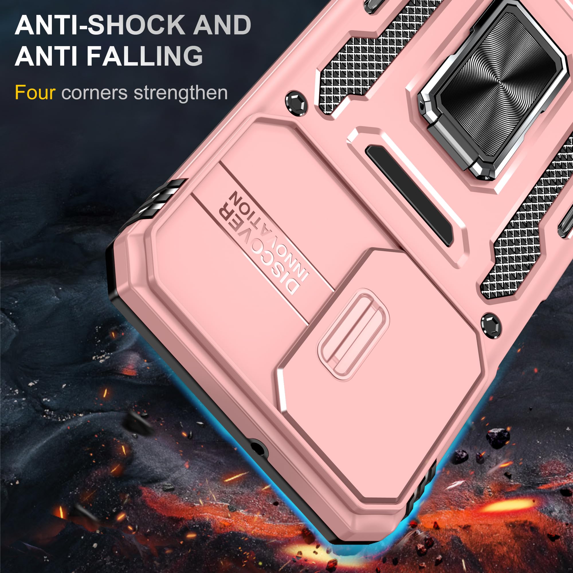 Ezanmull For Samsung Galaxy A15 5G Case With Slide Camera Cover + Screen Protector(2 Packs), Rotated Ring Kickstand Military Gra