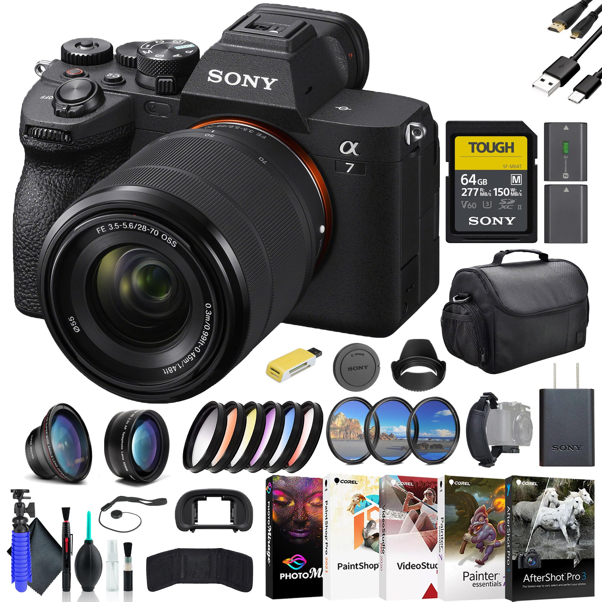 Sony a7 IV Mirrorless Camera with 28-70mm Lens ILCE-7M4K/B, 64GB Card, Filter Kit, Wide Angle Lens, Telephoto Lens, Color Filter