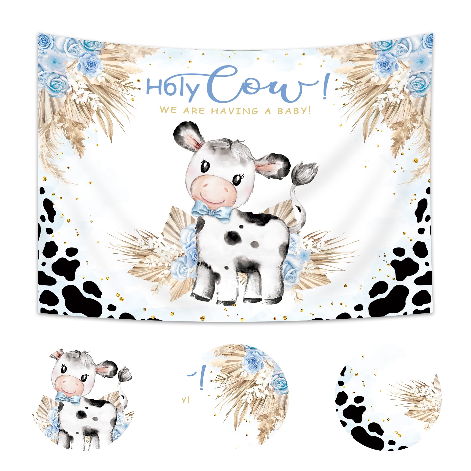 Imirell Holy Cow Baby Shower Backdrop 7Wx5H Feet Farm Blue Cow Print Boys Cowboy Floral Pampas Kids Polyester Fabric Newborn Bir