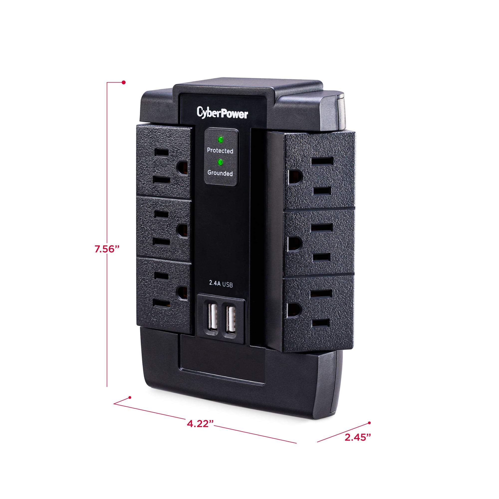 Cyberpower Csp600Wsu Surge Protector, 1200J/125V, 6 Swivel Outlets, 2 Usb Charging Ports, Wall Tap Design, Black