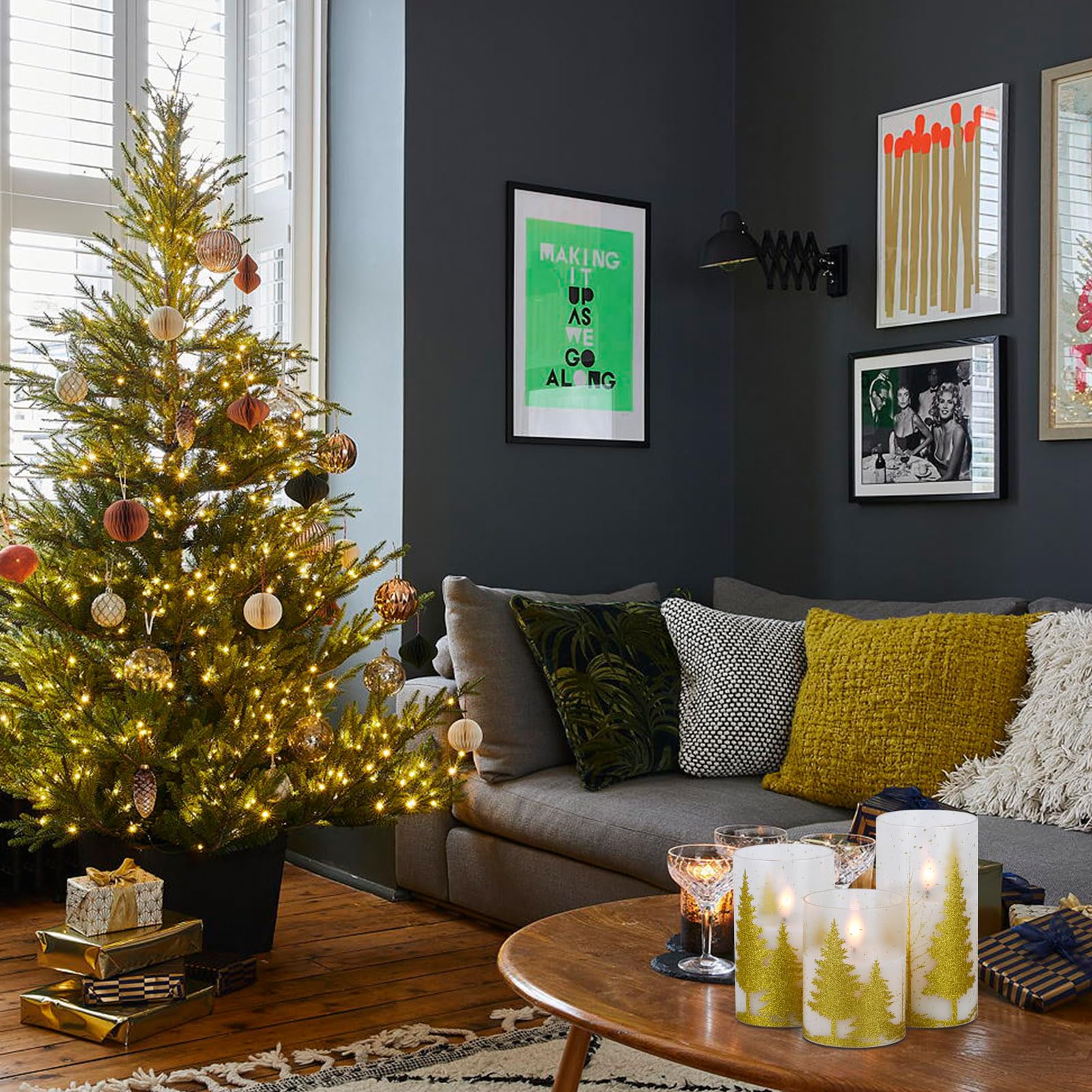 Dromance Christmas Tree Glass Flameless Candles With Remote Timer Battery Operated Real Wax 3D Wick Led Flickering Pillar Candle