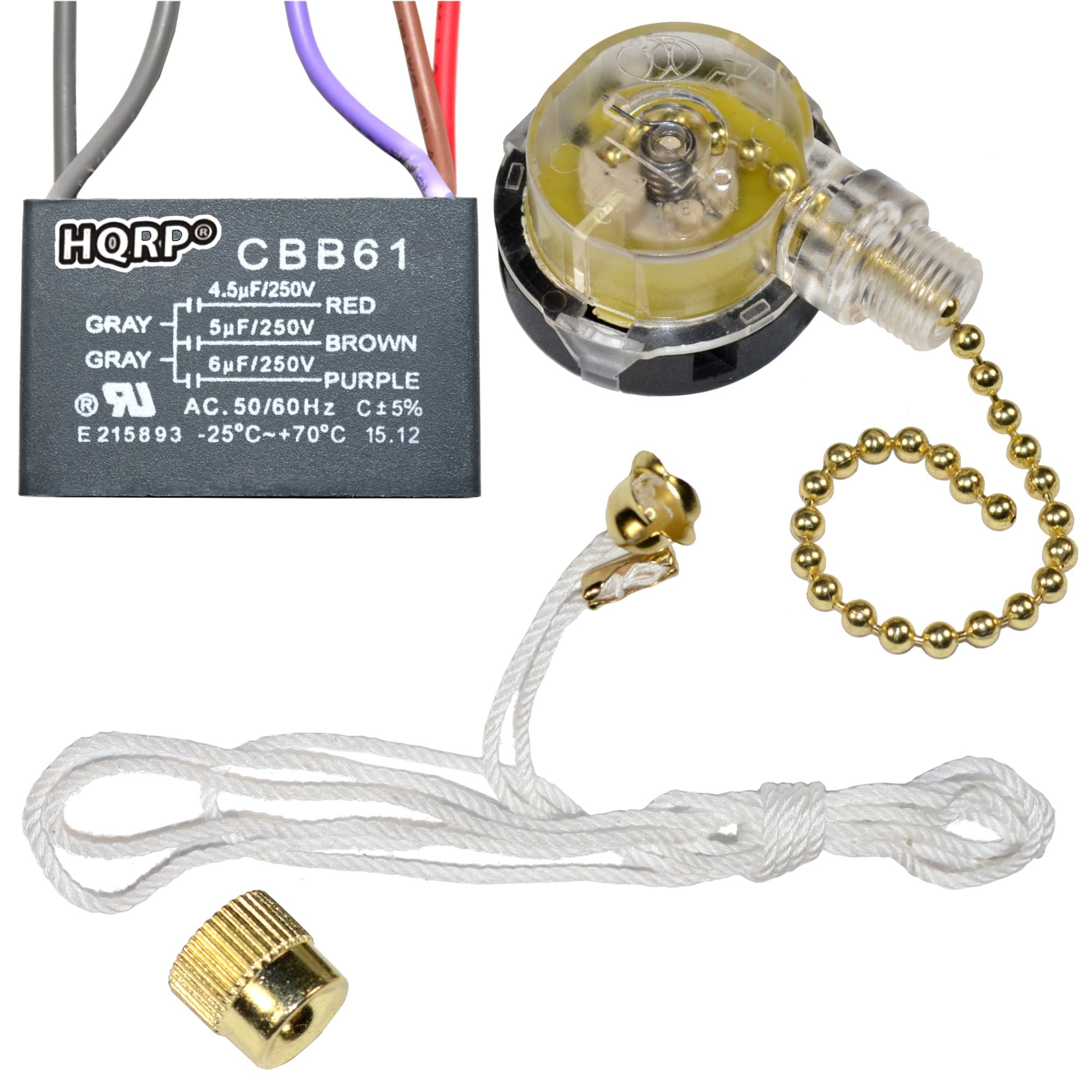 Hqrp Kit Ceiling Fan Capacitor Cbb61 4.5Uf+5Uf+6Uf 5 Wire Ul Listed And 3 Speed Fan Switch