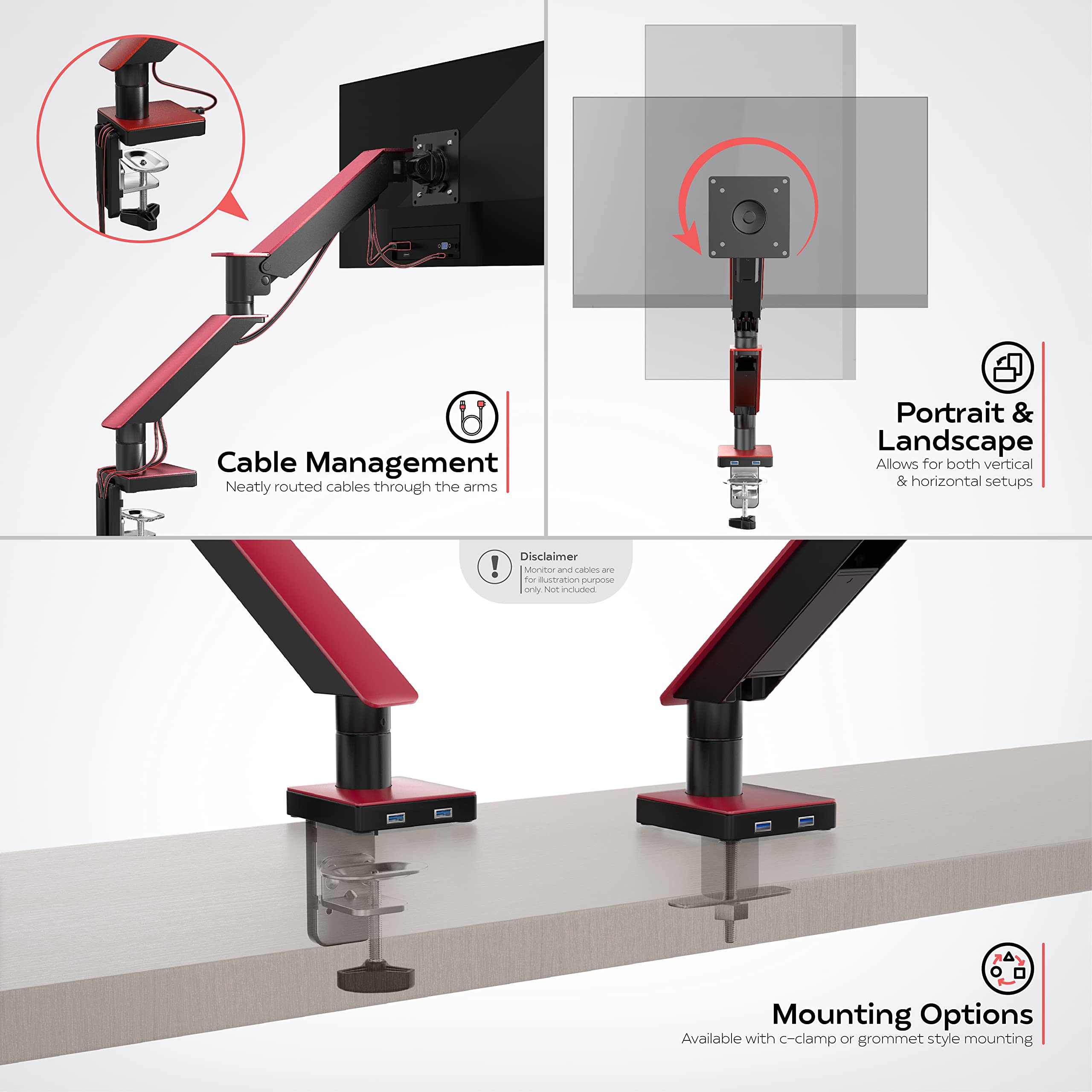Red Single Monitor Arm Mount - Cta Red Monitor Mount For 23 To 35 Monitors - W/Dual Usb 3.0 Hub Ports & Arm Clamp For Desks - Re