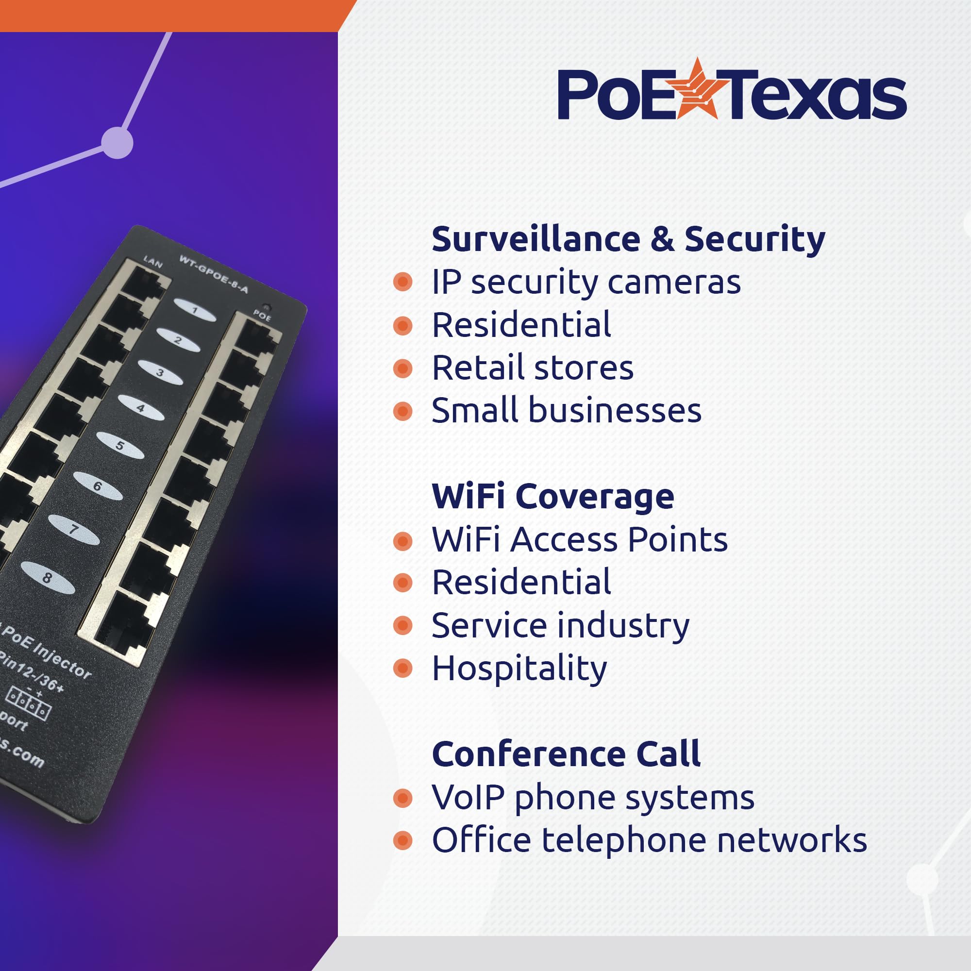 Poe Texas 8 Port Poe Injector   Gigabit Passive Power Over Ethernet Midspan   Front Wall Mount For Security Cameras, Ip Phones, Wifi Aps   Works With Non Poe Switch, Includes 48V 60W Power Supply