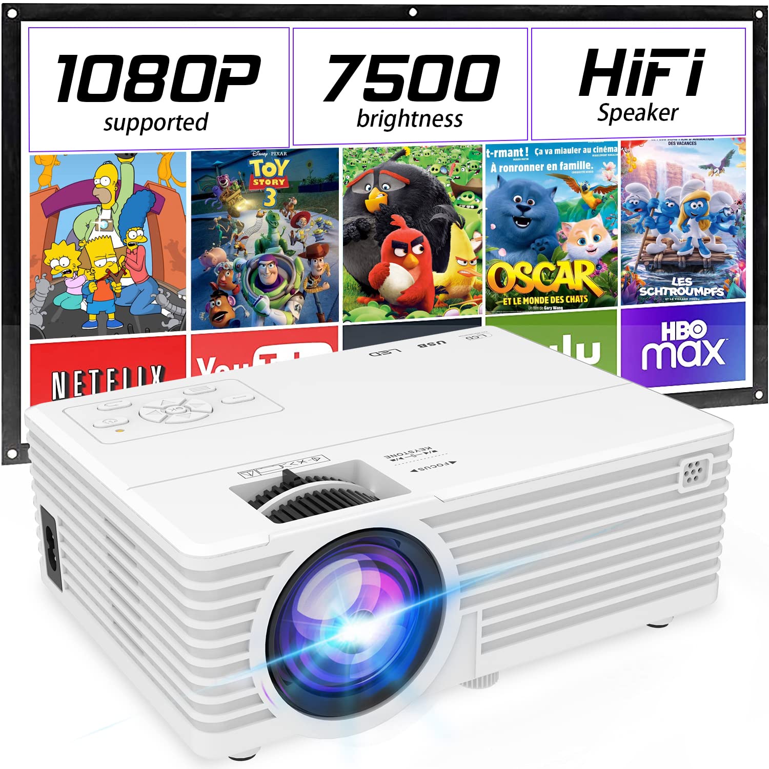 Mini Video Projector, 1080P Supported, Portable Outdoor Movie Projector, 176'' Display Compatible With Tv Stick, Hdmi, Usb, Vga,