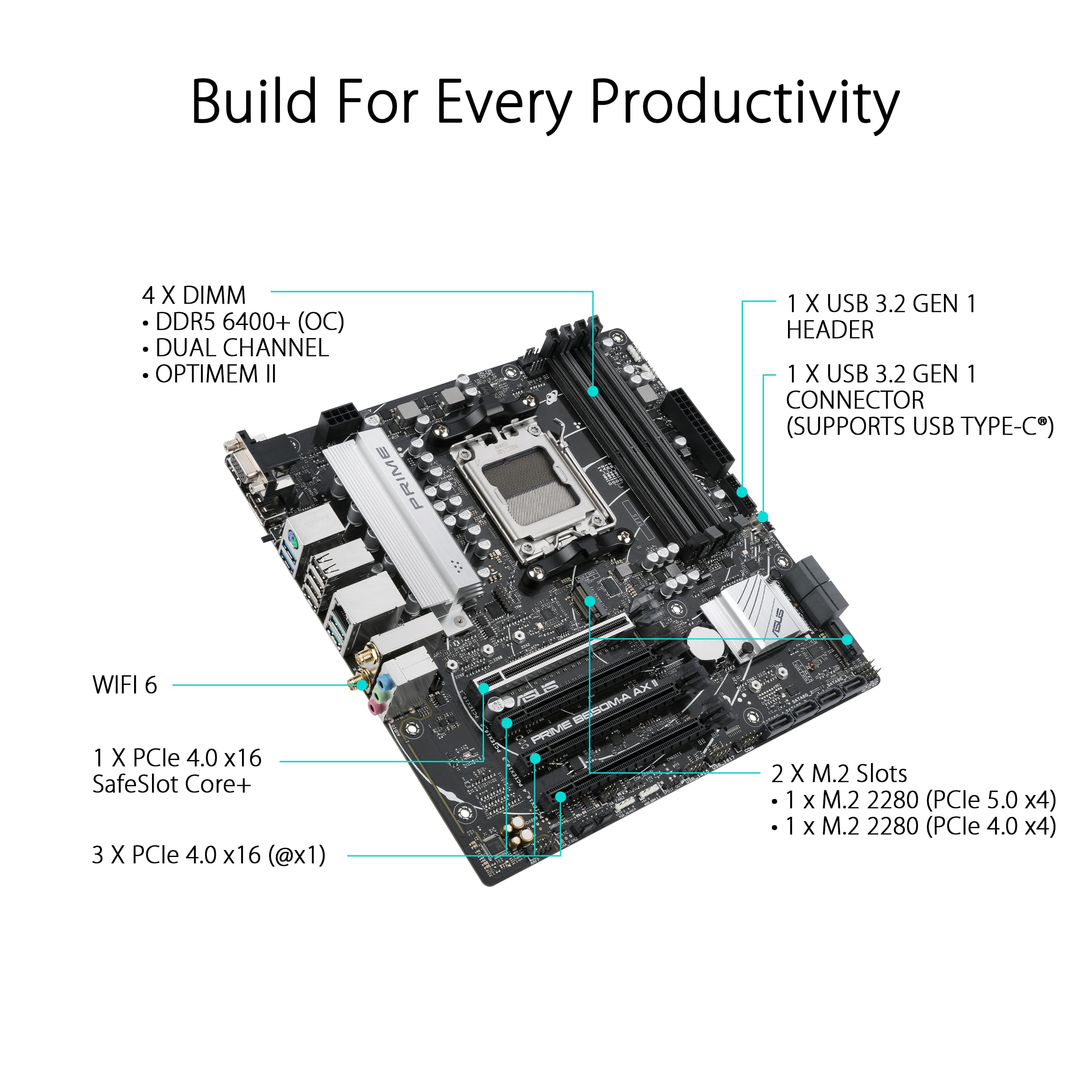 Asus Prime B650M-A Ax Ii Amd B650 Am5 Ryzen Desktop 9000 8000 & 7000 Micro-Atx Matx Motherboard, Ddr5, Pcie 5.0 M.2, 2.5Gb Lan,
