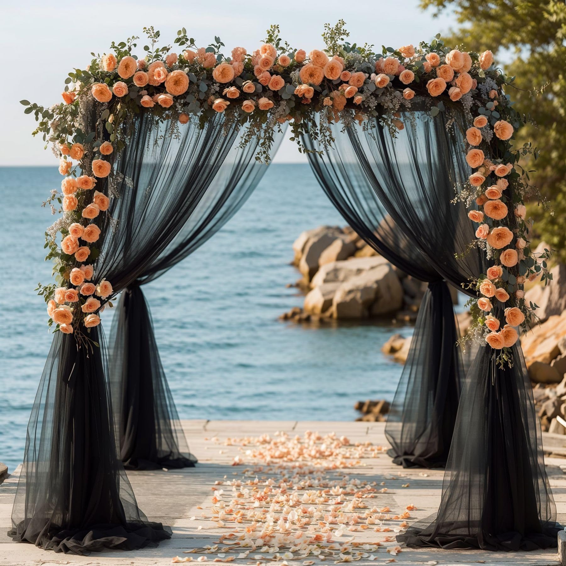Wedding Arch Draping Fabric 19Ft 2 Panels Black Wedding Arch Drapery Sheer Curtains For Backdrop Wedding Arch Decorations For Ce