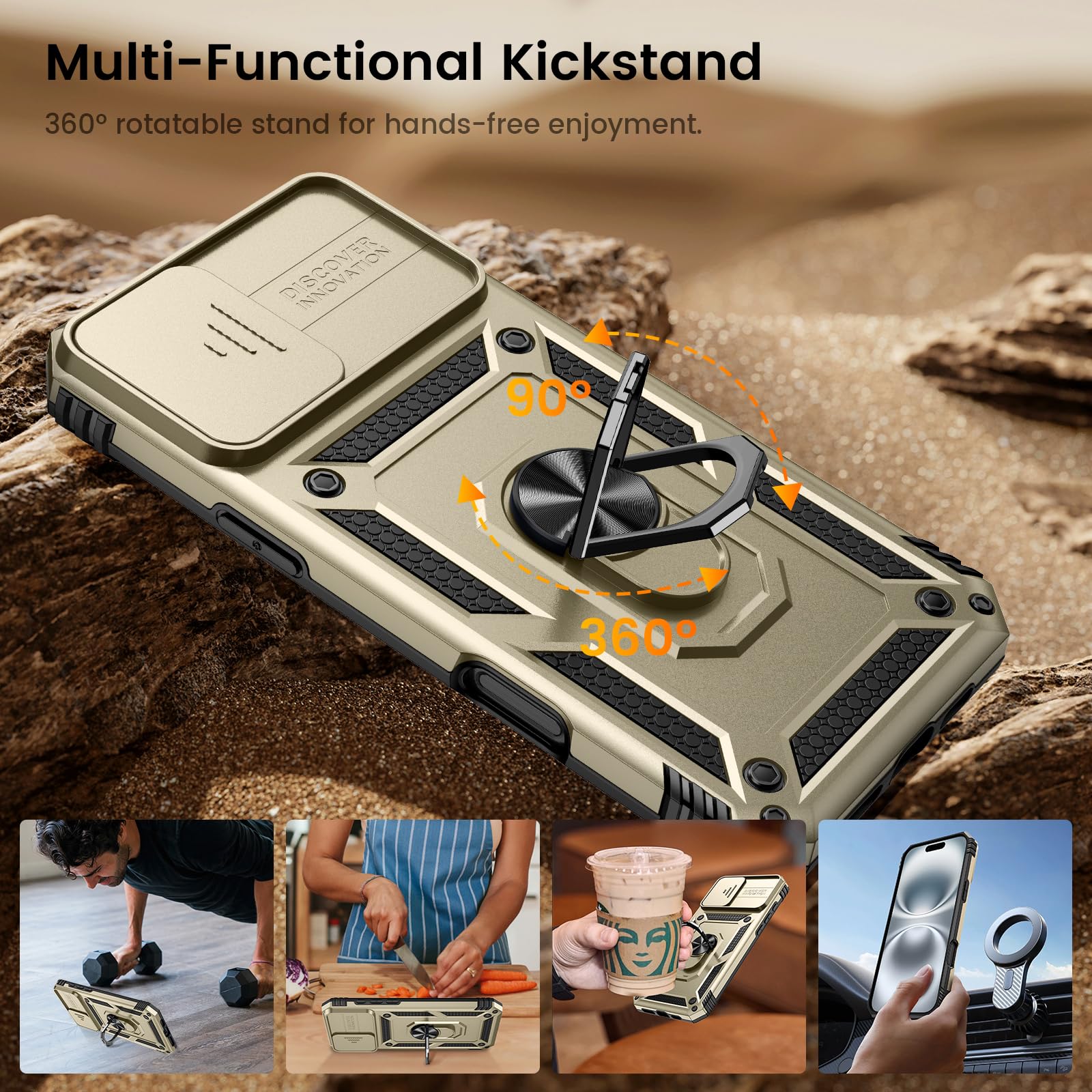 Goton Compatible For Iphone 16 Plus Case With Screen Protector   Slide Camera Cover Protective Phone Case With Ring Stand, Heavy