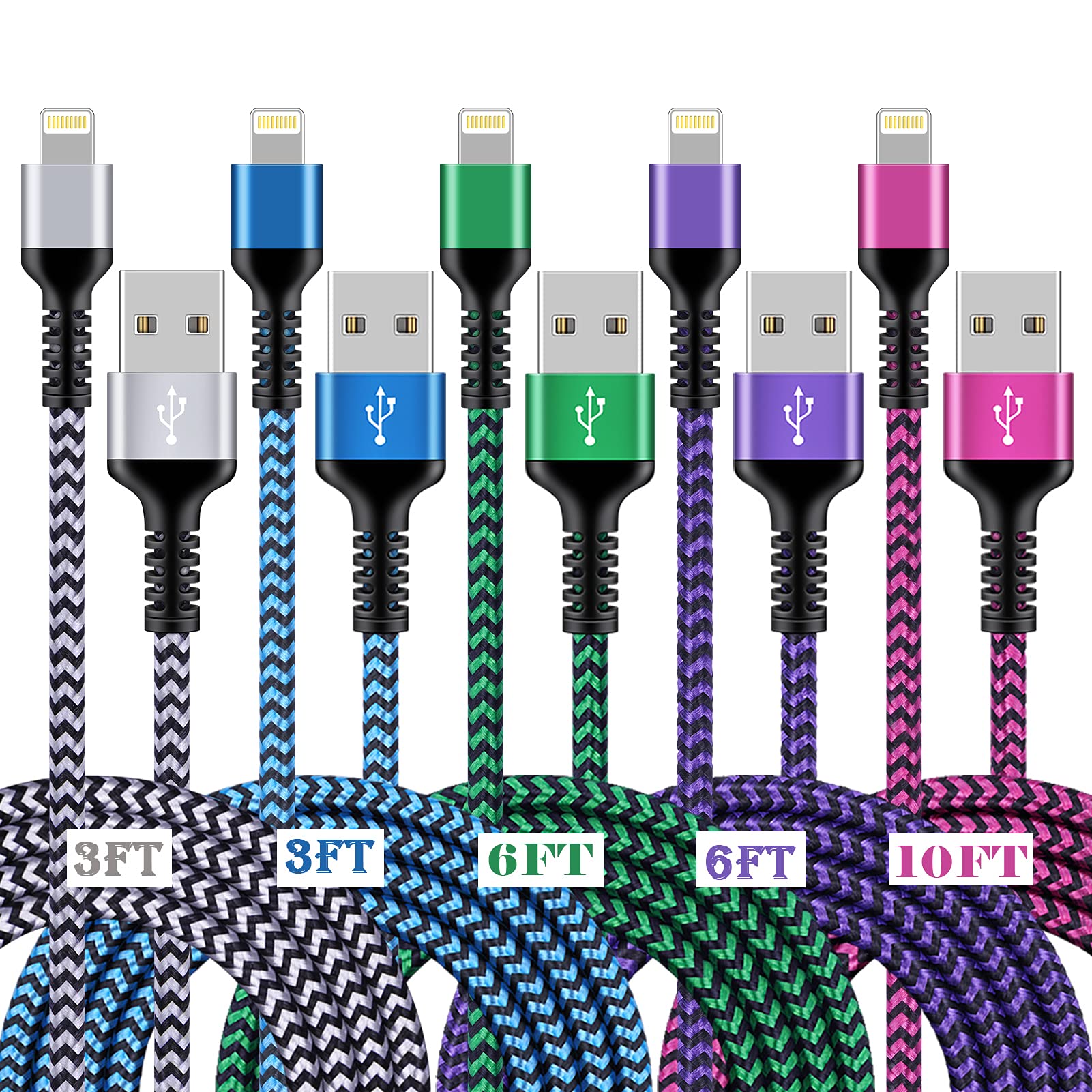 [3/6/10Ft 5Pack] Iphone Charger Apple Certified Lighting Charge Cords Phone Power Data Cable Nylon Braided Fast Charging Wire Fo