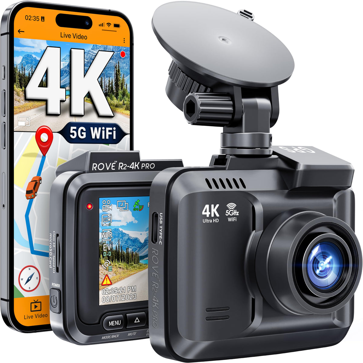 Rove R2-4K Pro Dash Cam, Built-In Gps, 5G Wifi Dash Camera For Cars, 2160P Uhd 30Fps Dashcam With App, 2.4'' Ips Screen, Night V