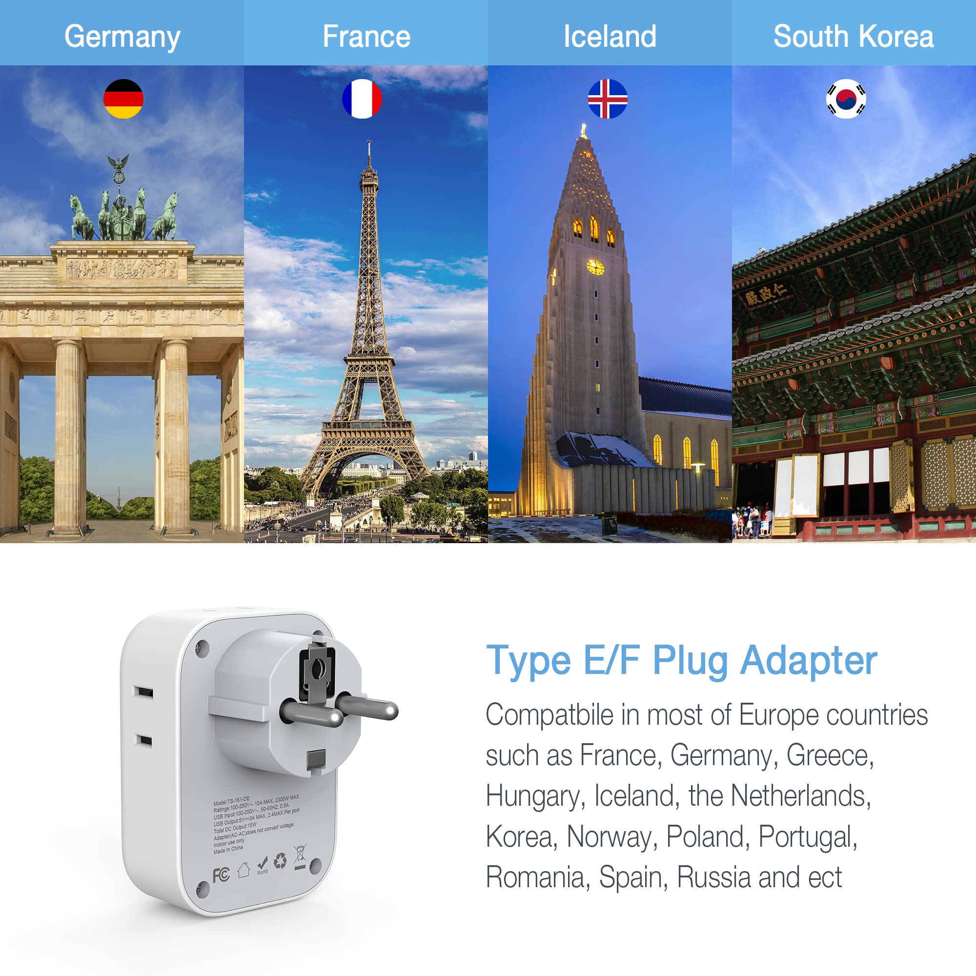 Tessan Type E F Plug Adapter 2 Pack, Germany France Power Adapter, Schuko Outlet Converter With 4 Ac Outlets 3 Usb Ports, Travel