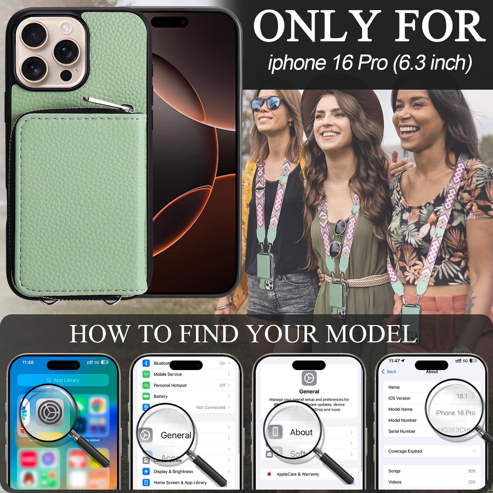 Xangnier Wallet Case For Iphone 16 Pro, Rfid Blocking Pu Leather Crossbody Phone Purse With Card Holder, Zipper Pocket, Wrist St