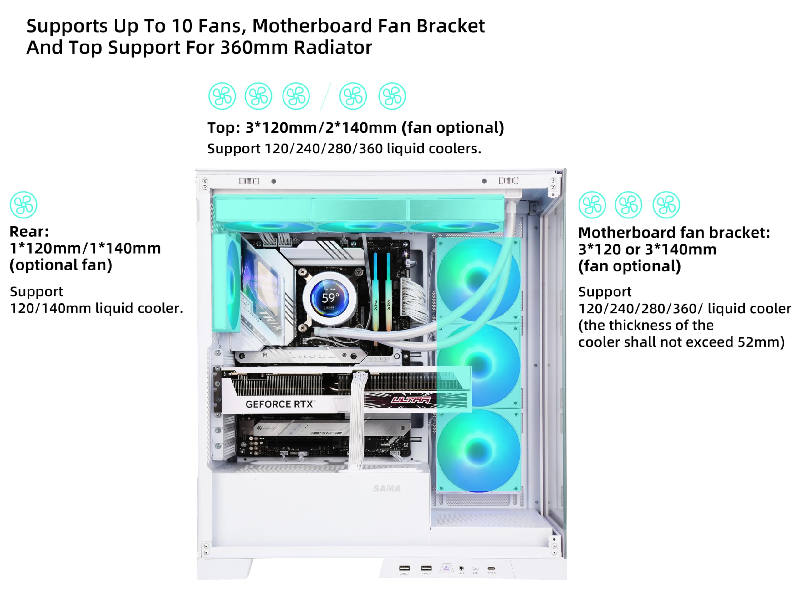 Sama Neview 4503 White Airflow Full Tower Case Atx Pc Gaming Case Dual Tempered Glass 4X12Cm Argb Fan Pre Install Usb3.0X2 Type