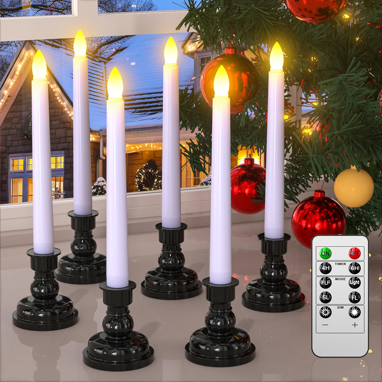 Pchero Led Taper Candles With Remote Timers, 6 Pack Flameless Battery Operated Flickering Window Candles With Candlestick Holder