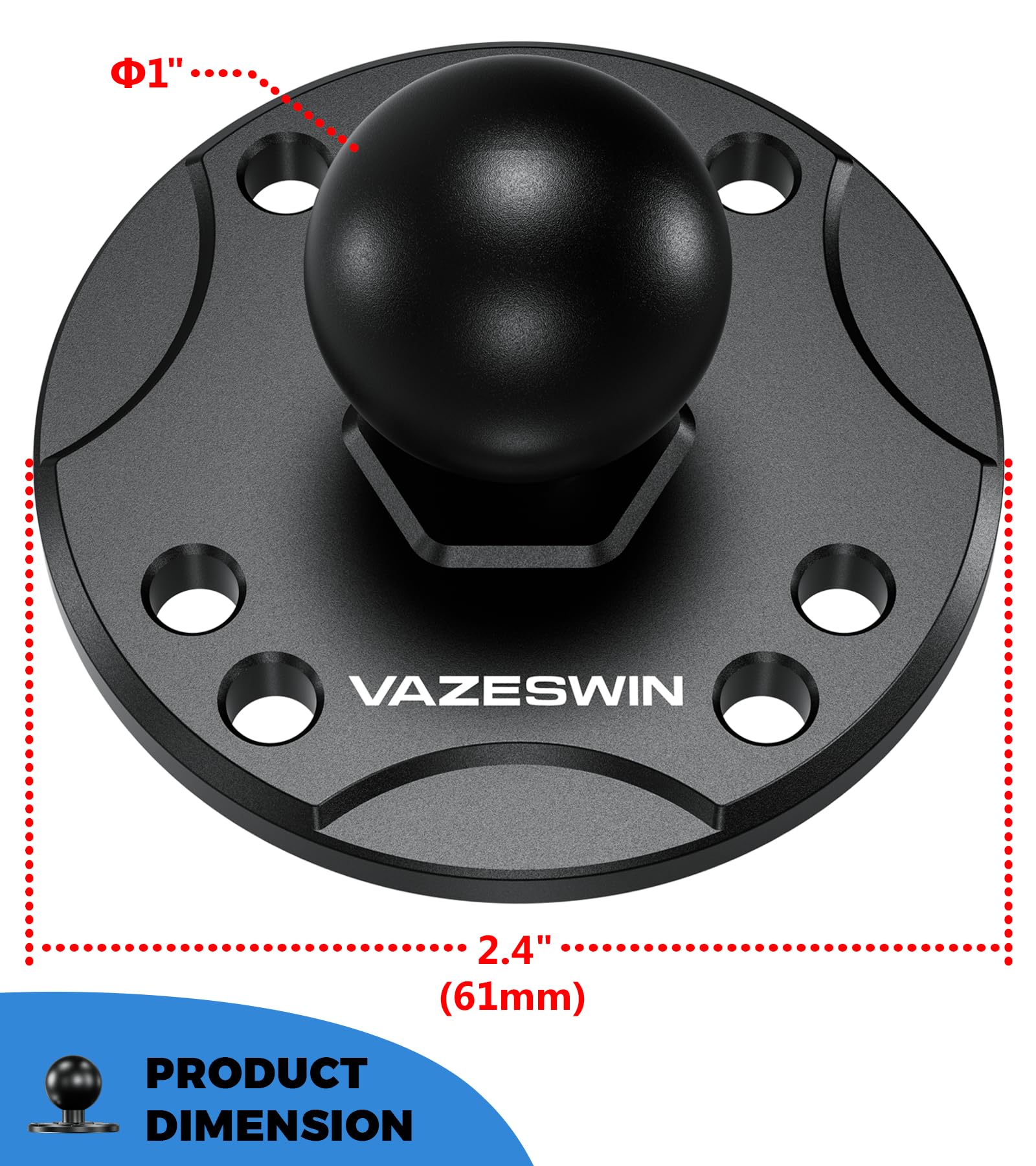 Vazeswin 2 Pcs 1'' Ball Mount With Aluminum Alloy Round Plate, Universal Electronic Device Mounting Base With Amps Hole For Garm