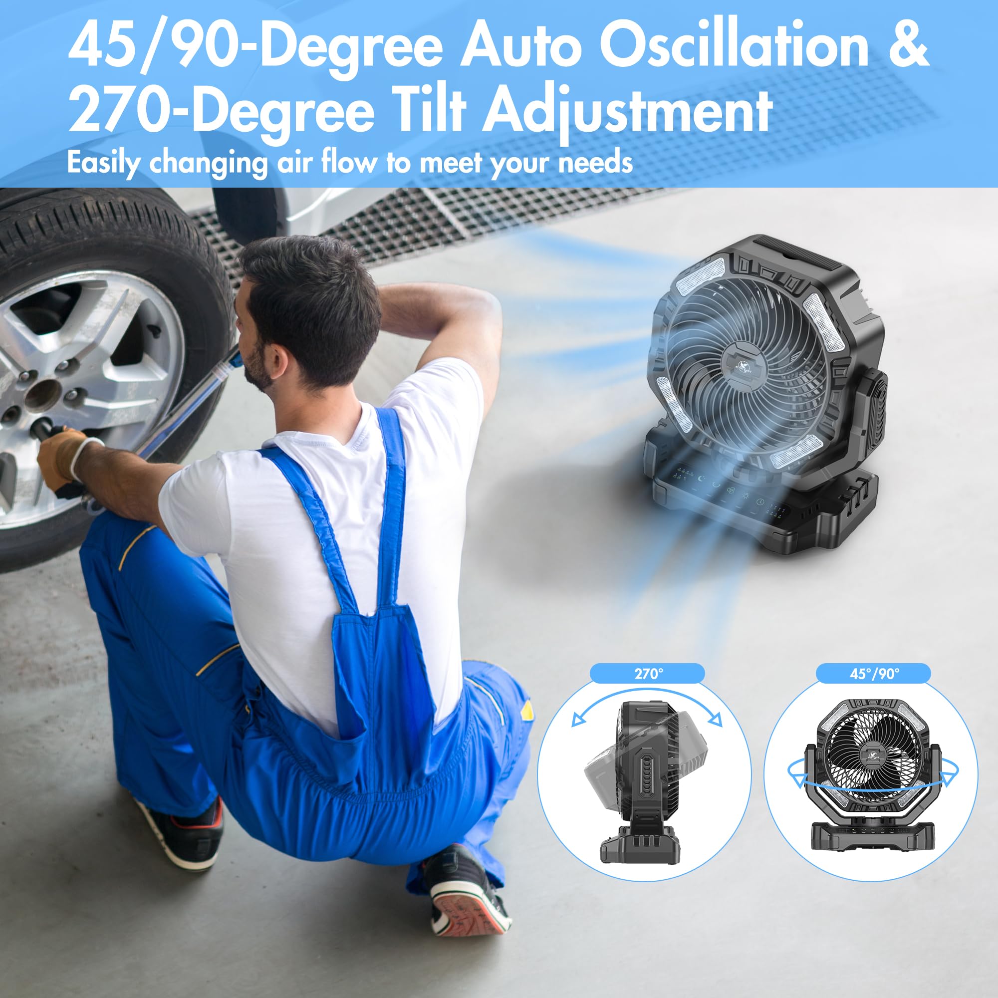 Camping Fan, 40000Mah Oscillating Rechargeable Battery Operated Fan, Portable Battery Powered Outdoor Tent Fan With Remote Light