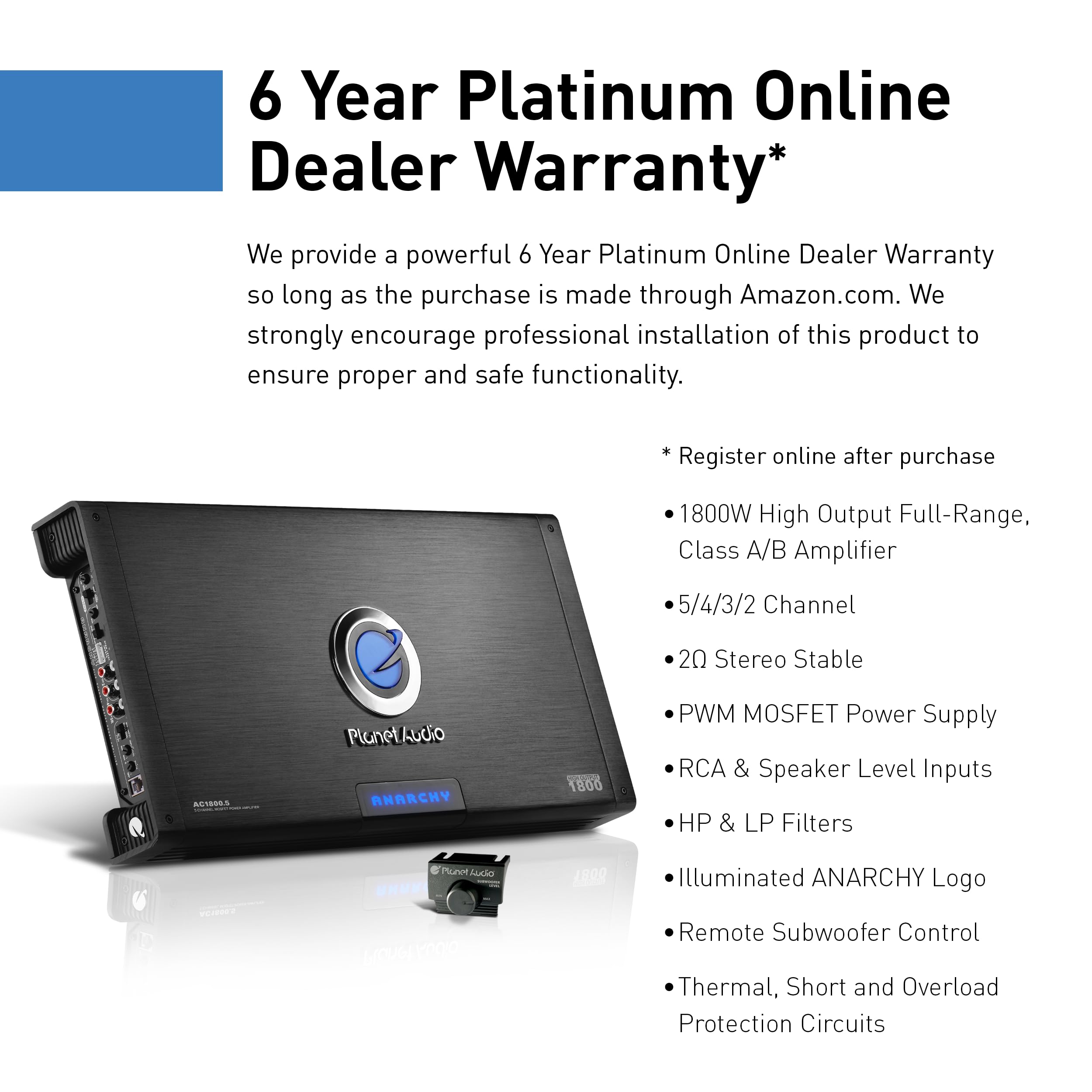 Planet Audio Ac1800.5 5 Channel Car Amplifier   1800 Watts, Full Range, Class A/B, 2 4 Ohm Stable, Mosfet Power Supply, Bridgeab