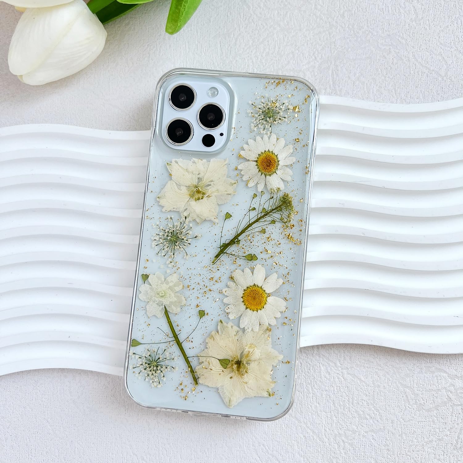 Lseeka For Iphone 12 Pro Max Clear Case With Pressed Real Flowers Design,Glitter Cute White Floral Pattern Slim Soft Tpu Protect