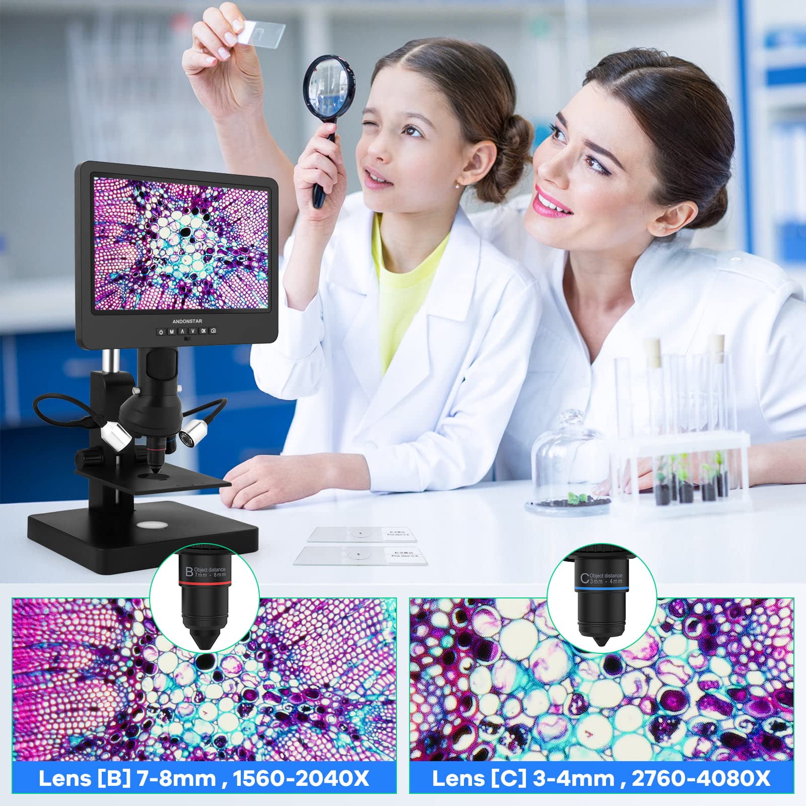 Andonstar Ad249Sp Uhd 2160P Hdmi Digital Microscope 4000X, 3 Lens 10.1 Inch Lcd For Biological Microscope Kit, Pcb Soldering Mic